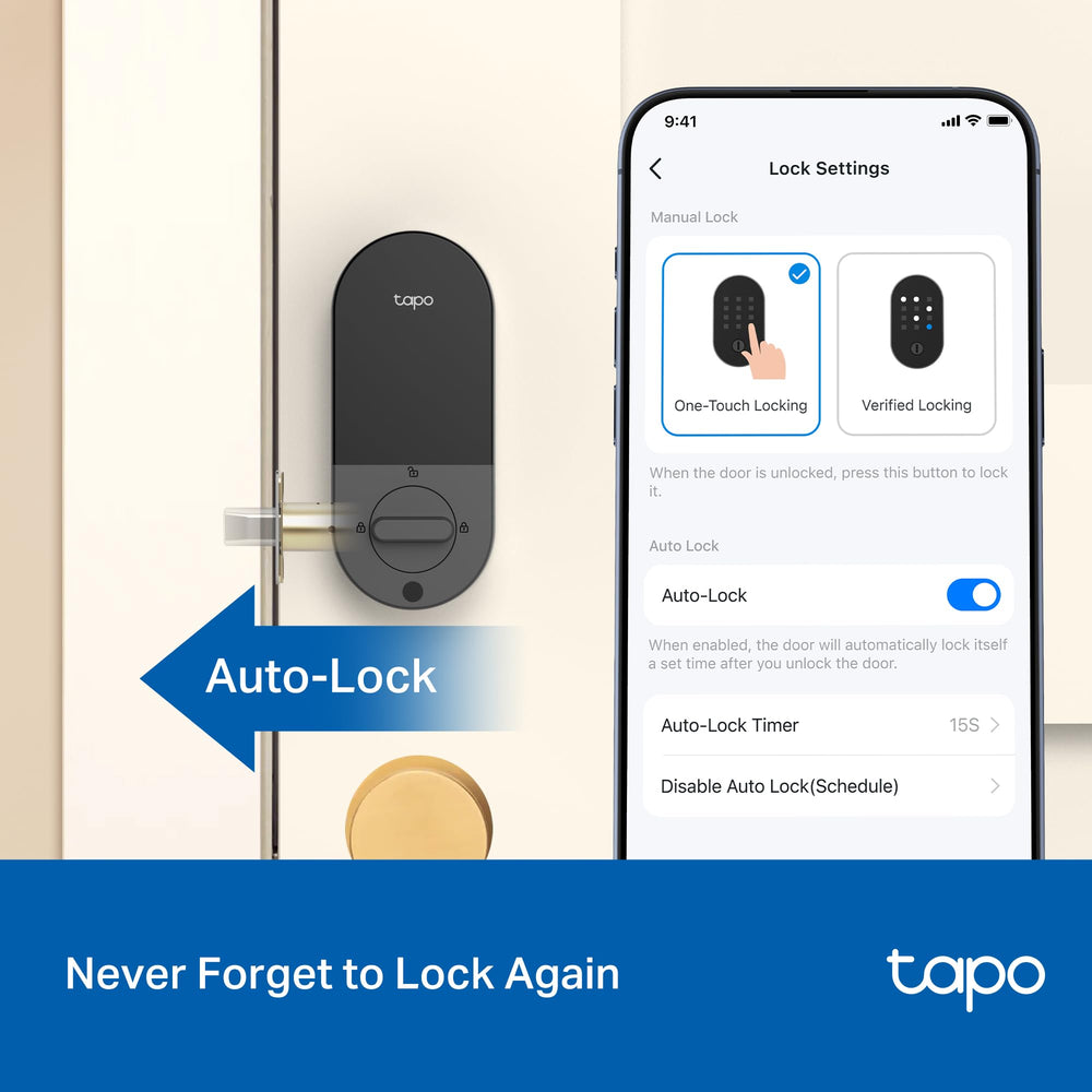 Tapo lock installed on wood door, benefits weatherproofed exterior protection