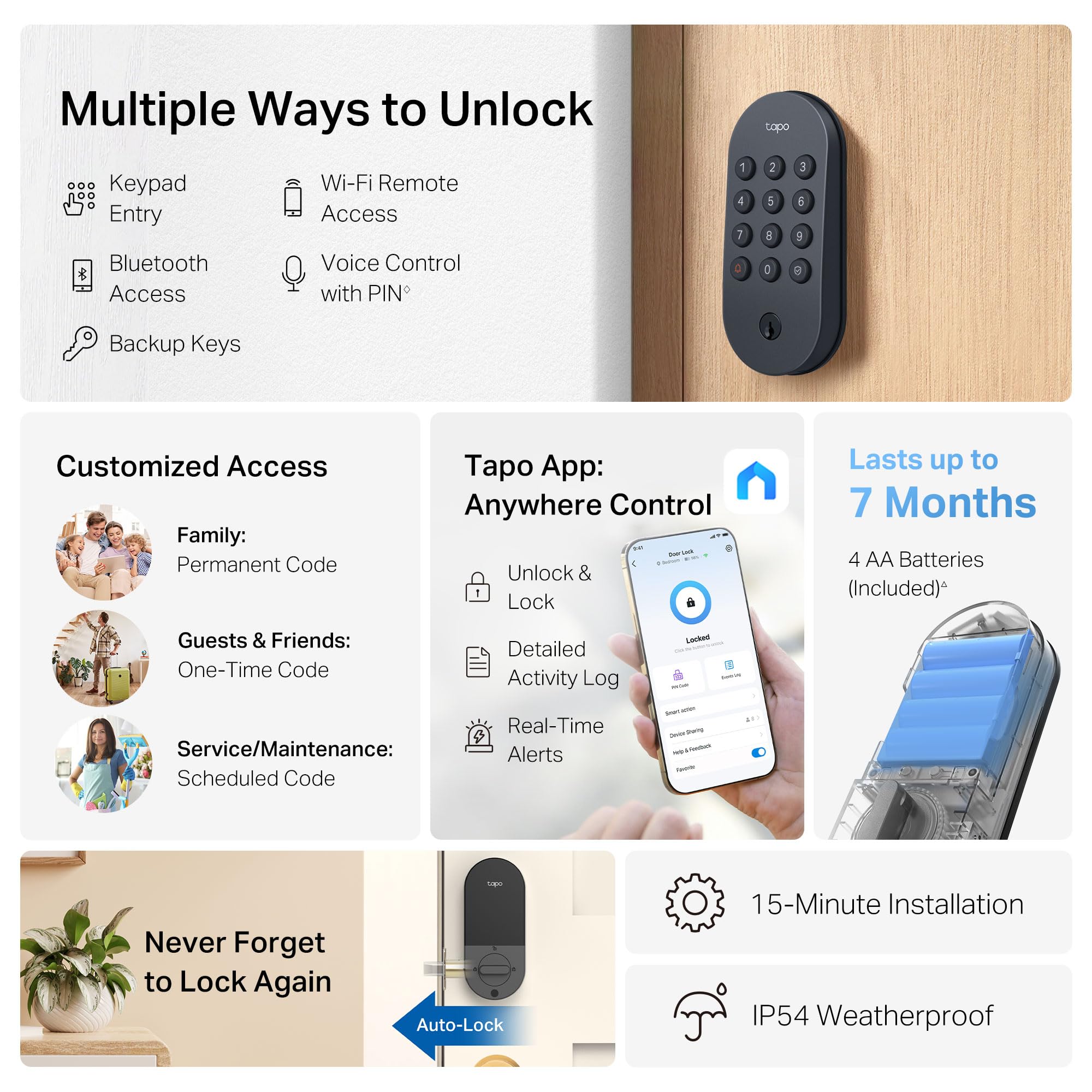 Tapo keypad closeup with tactile buttons, benefits clear nighttime PIN entry