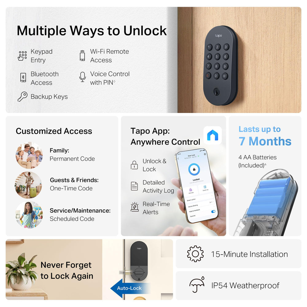 Tapo keypad closeup with tactile buttons, benefits clear nighttime PIN entry