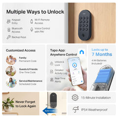 Tapo keypad closeup with tactile buttons, benefits clear nighttime PIN entry