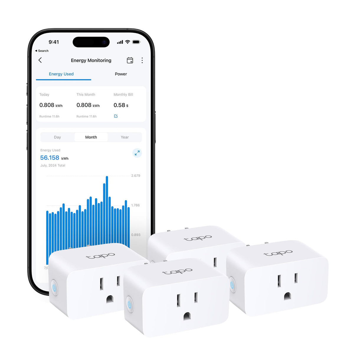 Tapo P110M front view showing compact profile and smart plug branding for easy installation