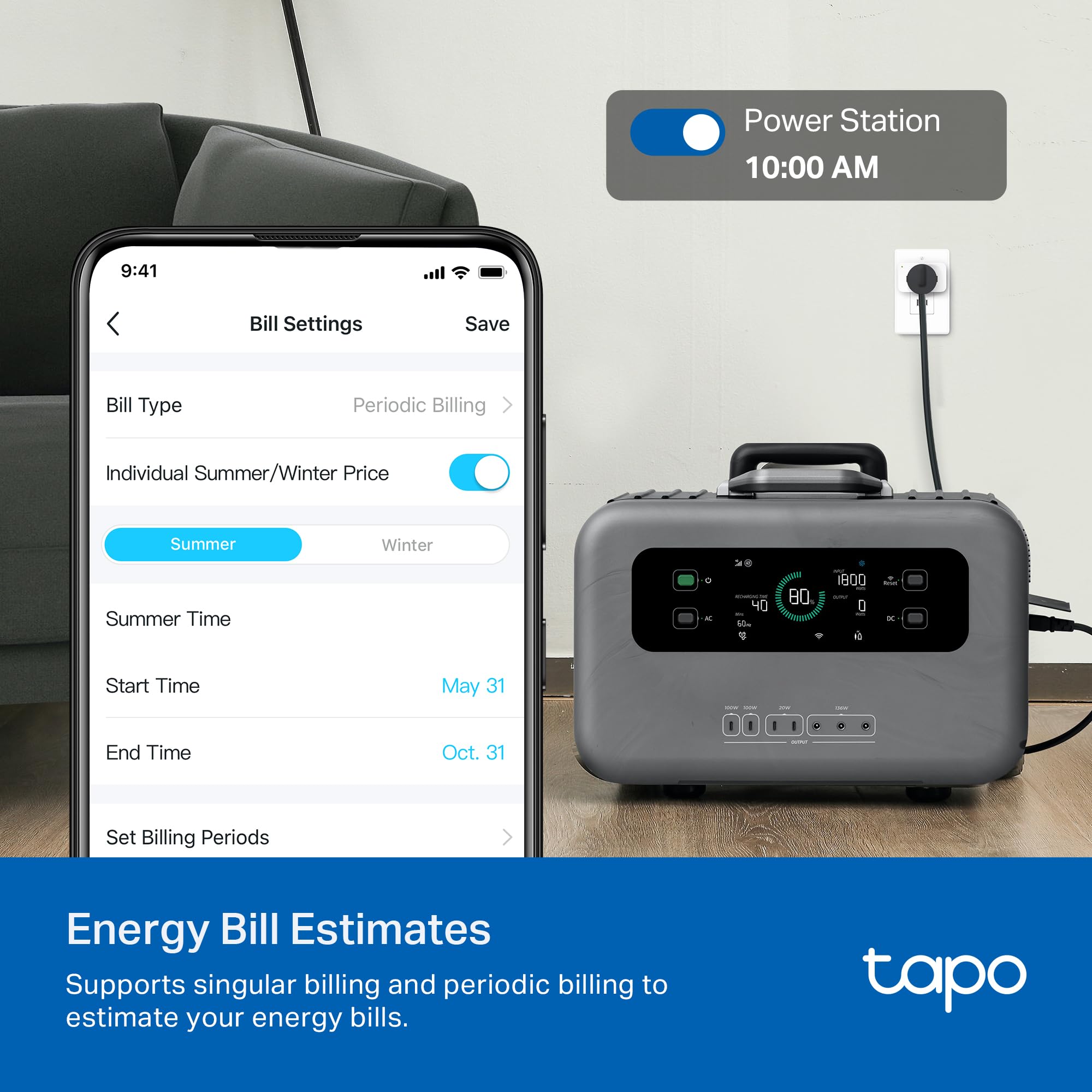 Tapo P110M next to smartphone for scale showing small footprint and outlet-friendly size