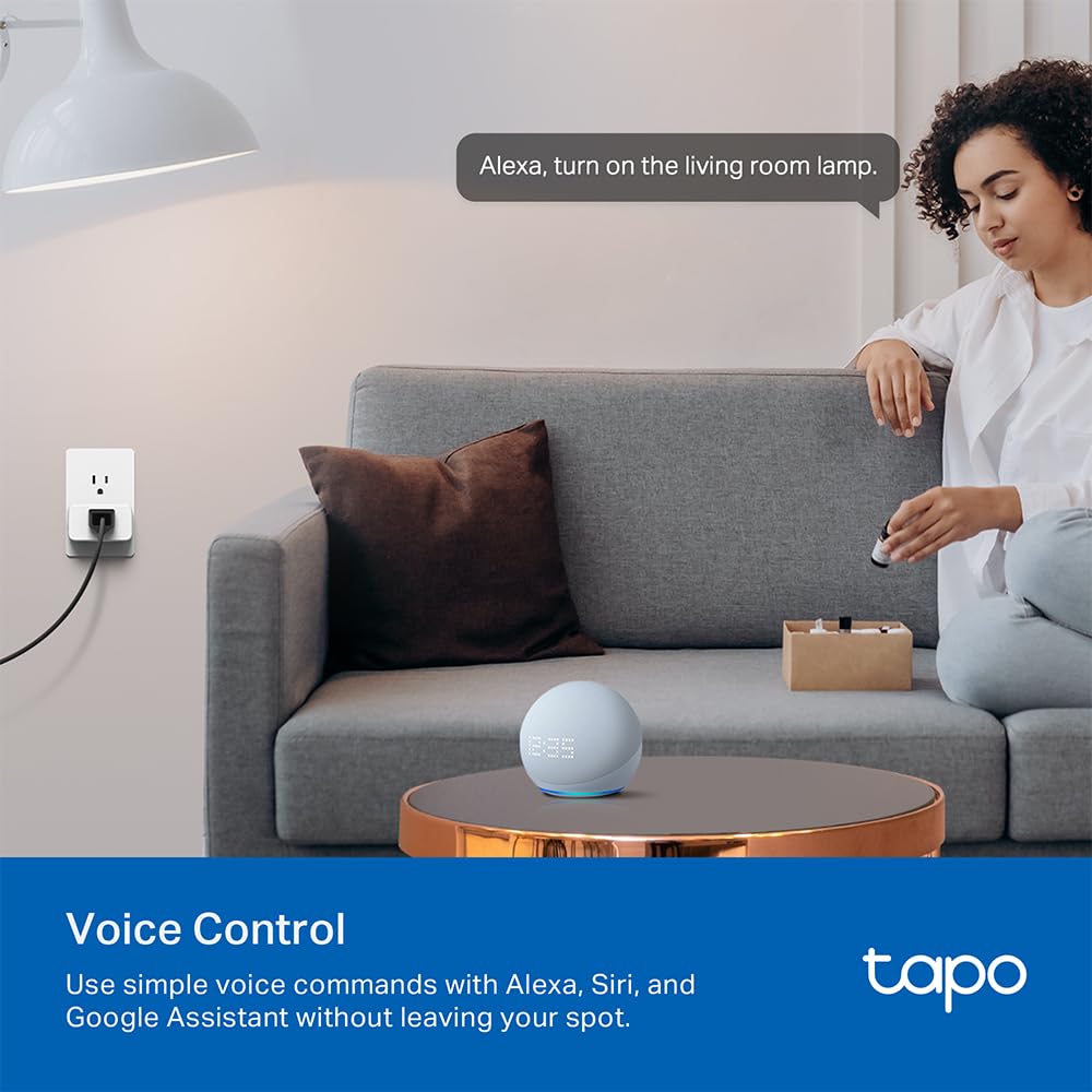 Tapo P110M controlling a living room lamp showing remote lighting control and ambiance benefit