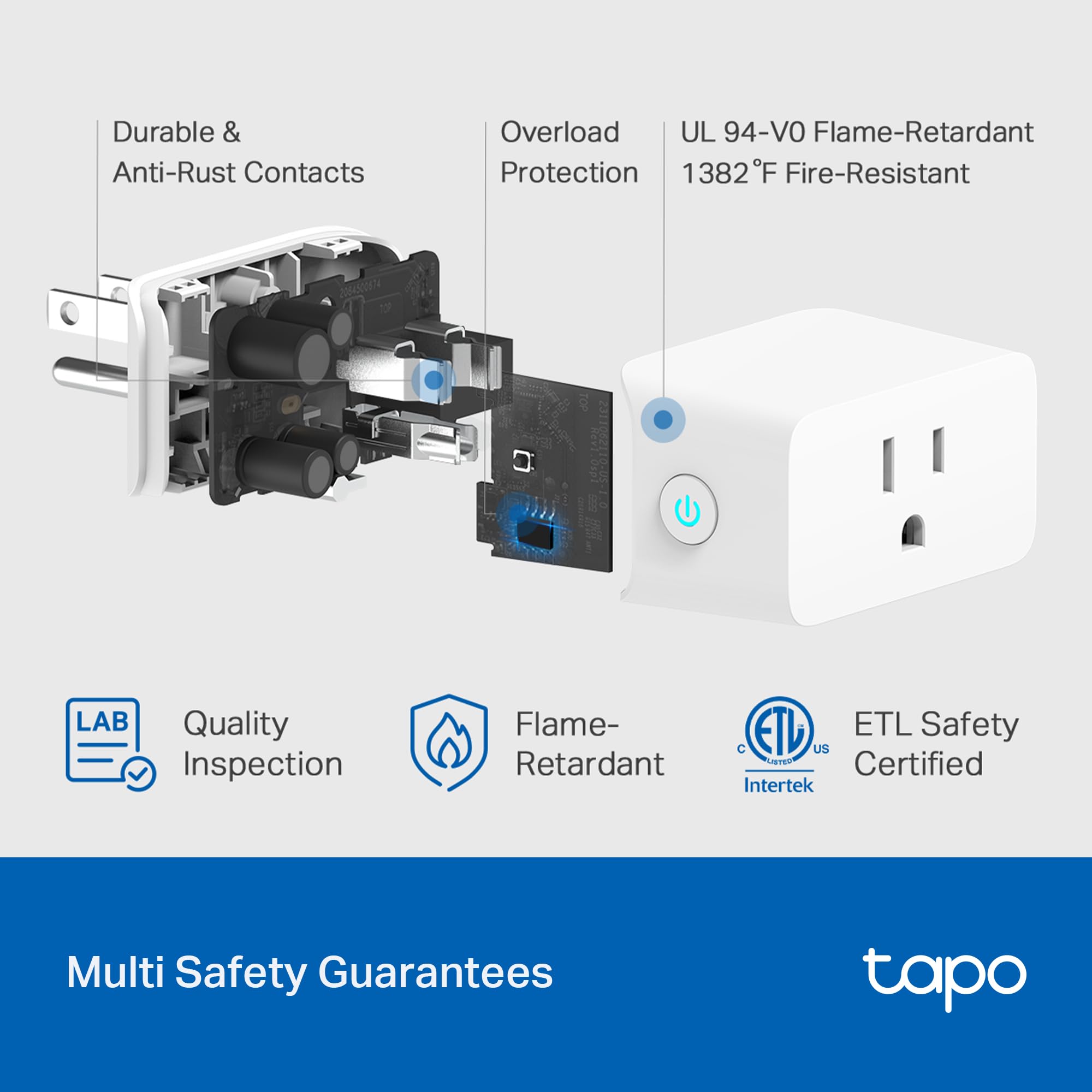 Tapo P110M with Alexa and Google icons showing voice assistant compatibility and hands-free control
