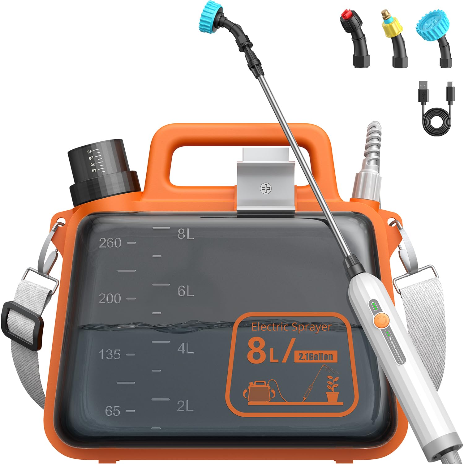 Tarden front view of the electric garden sprayer showing controls and tank for easy operation