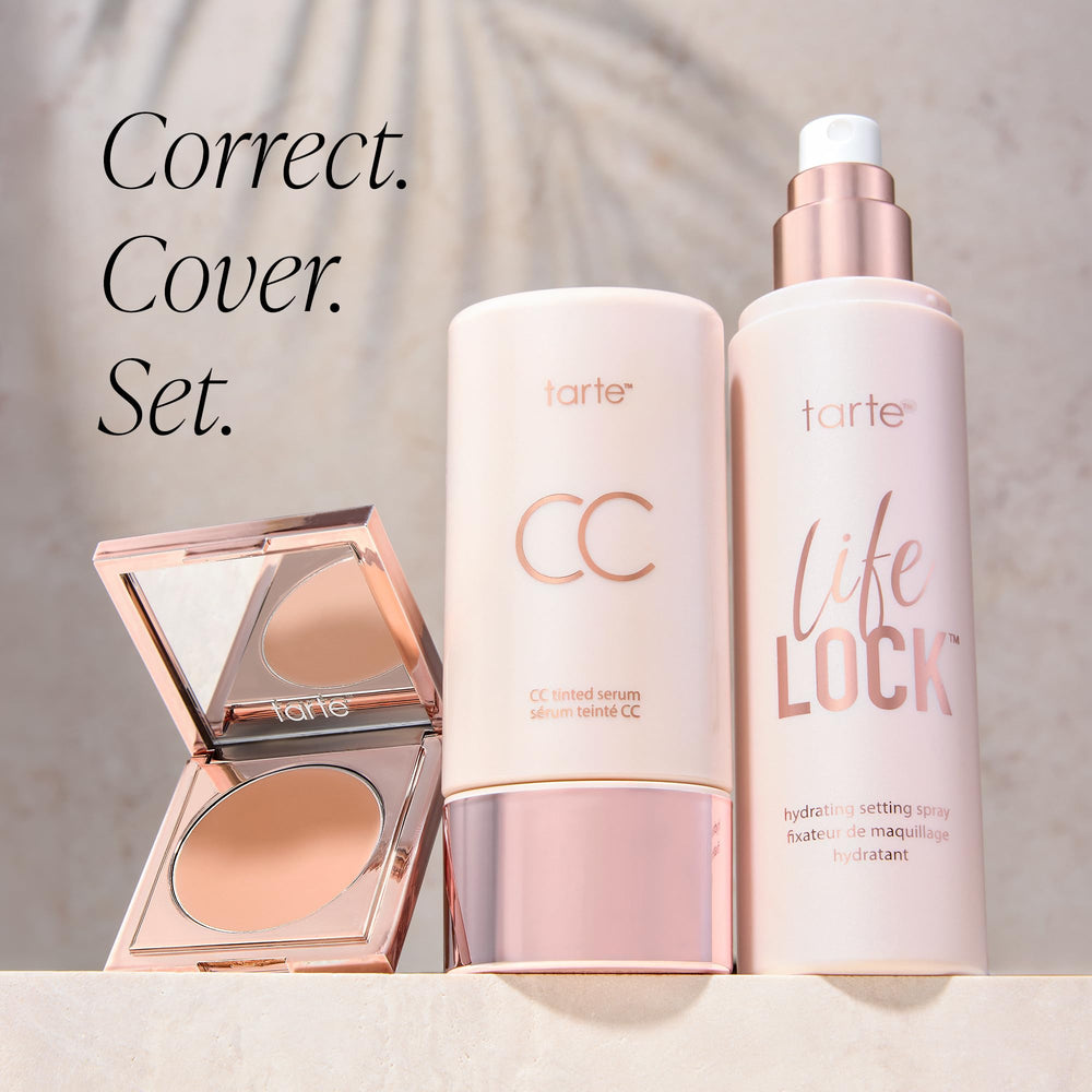tarte product flatlay in bathroom setting for everyday routine