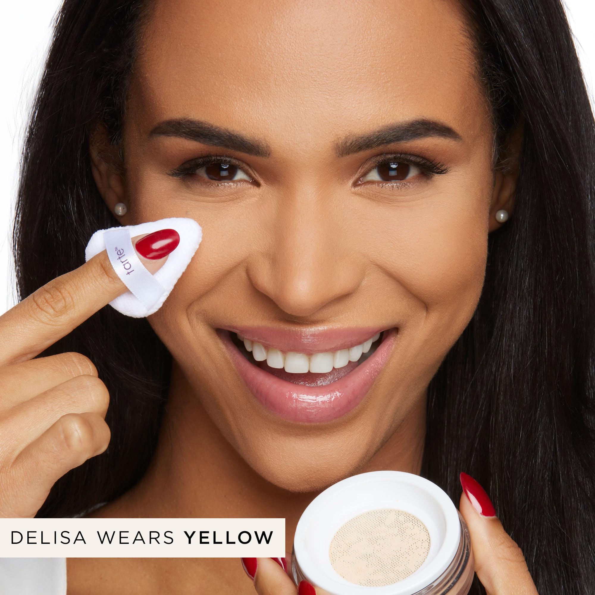 tarte model fair to medium skin wearing powder, illustrates brightening result