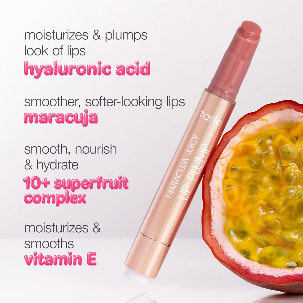 tarte maracuja lip plump scale next to coin indicates full-size product portability and value