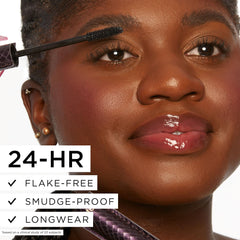 tarte before and after lashes on model, illustrates volume and curl