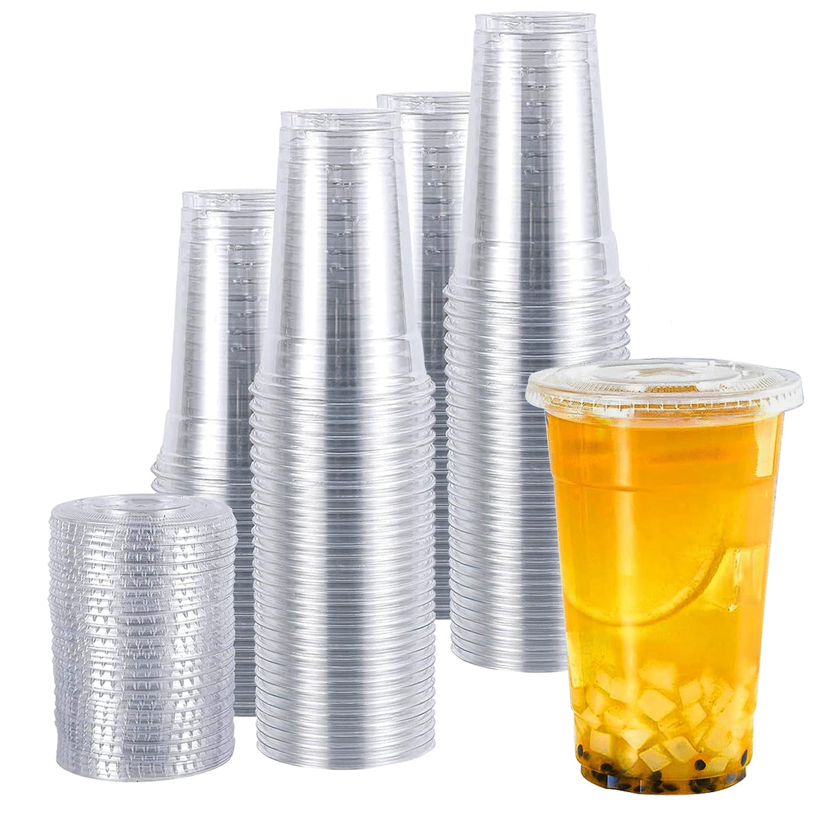 TashiBox front view of 24 oz clear cups showing professional clarity and presentation
