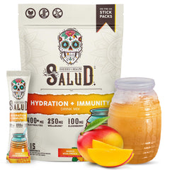 Taste Salud front packaging showing mango flavor and benefits