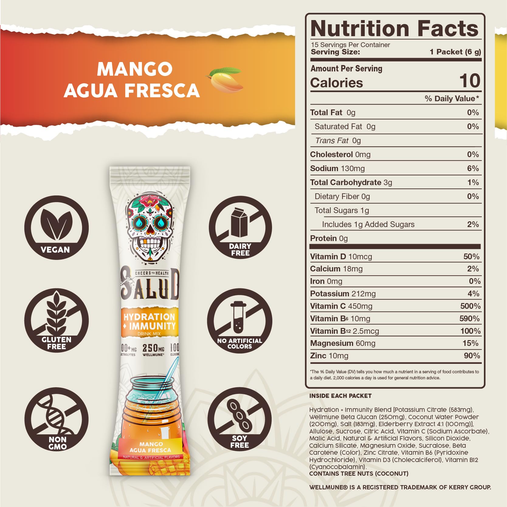 Taste Salud powder close-up showing fine mango drink mix texture