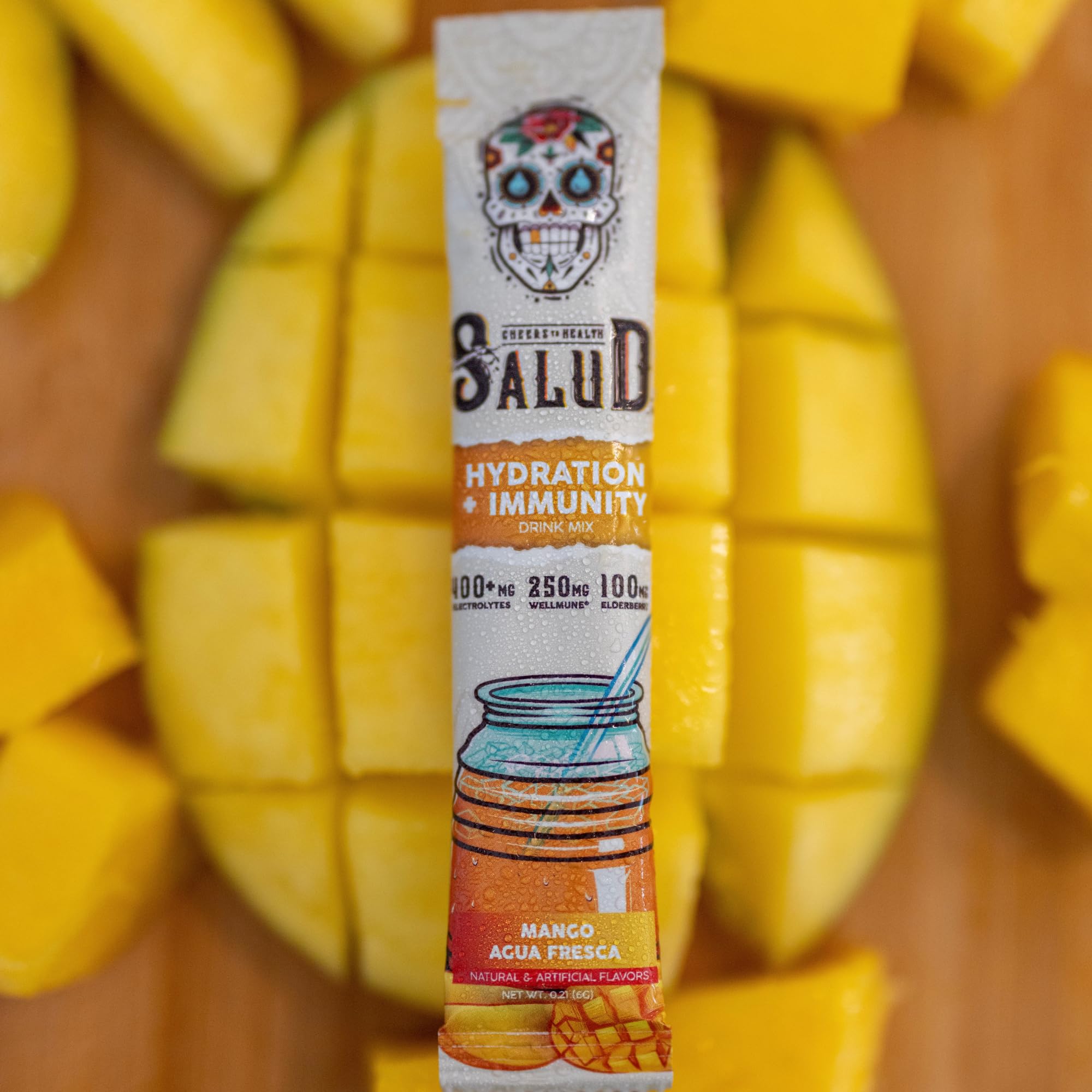 Taste Salud stick pack beside a water bottle to show serving scale