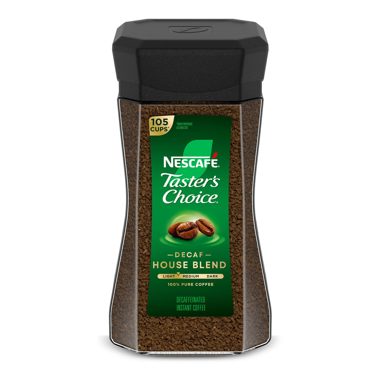 Taster's Choice decaf front packaging showing jar and label benefit convenience