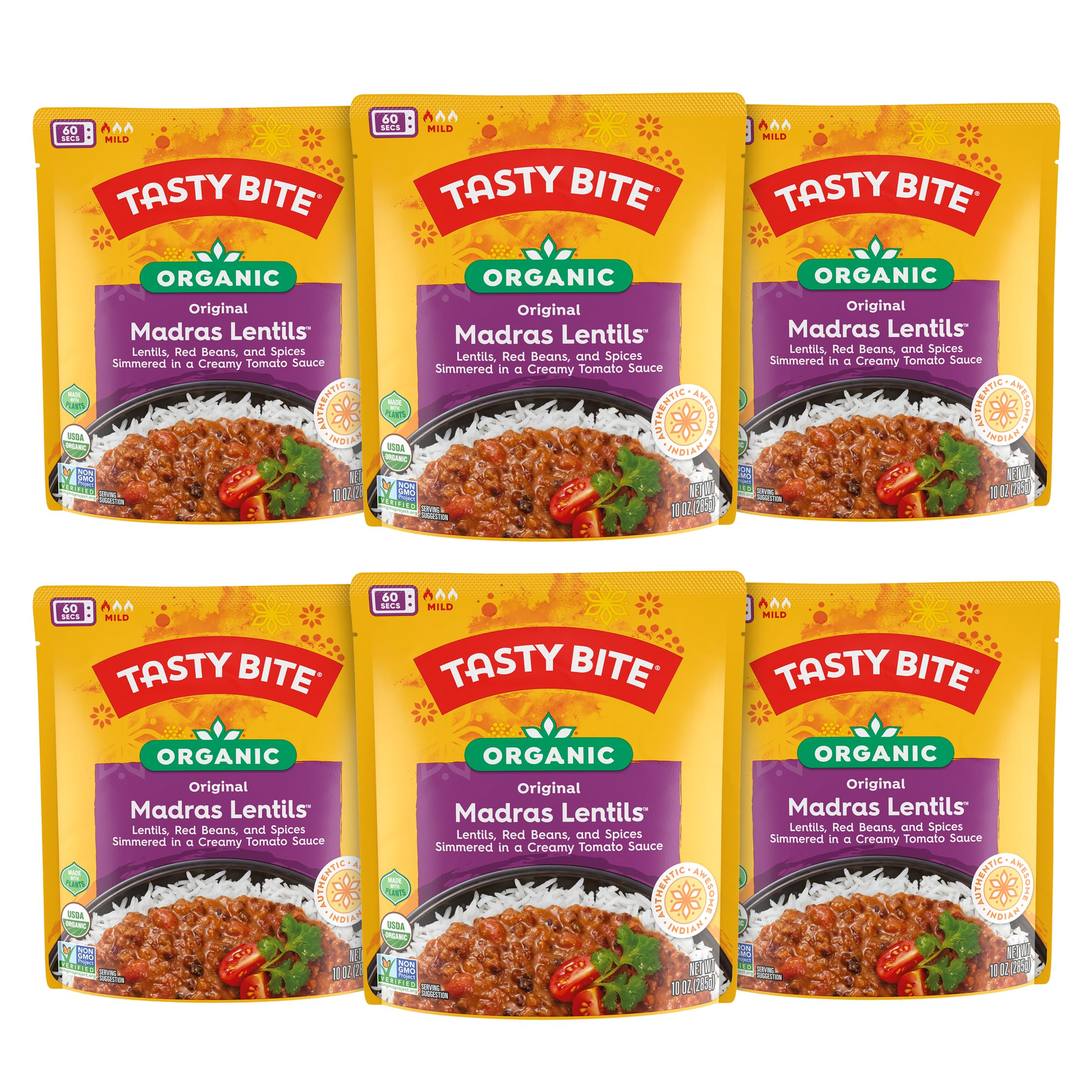 TASTY BITE front packaging showing organic Madras lentils and quick meal benefit