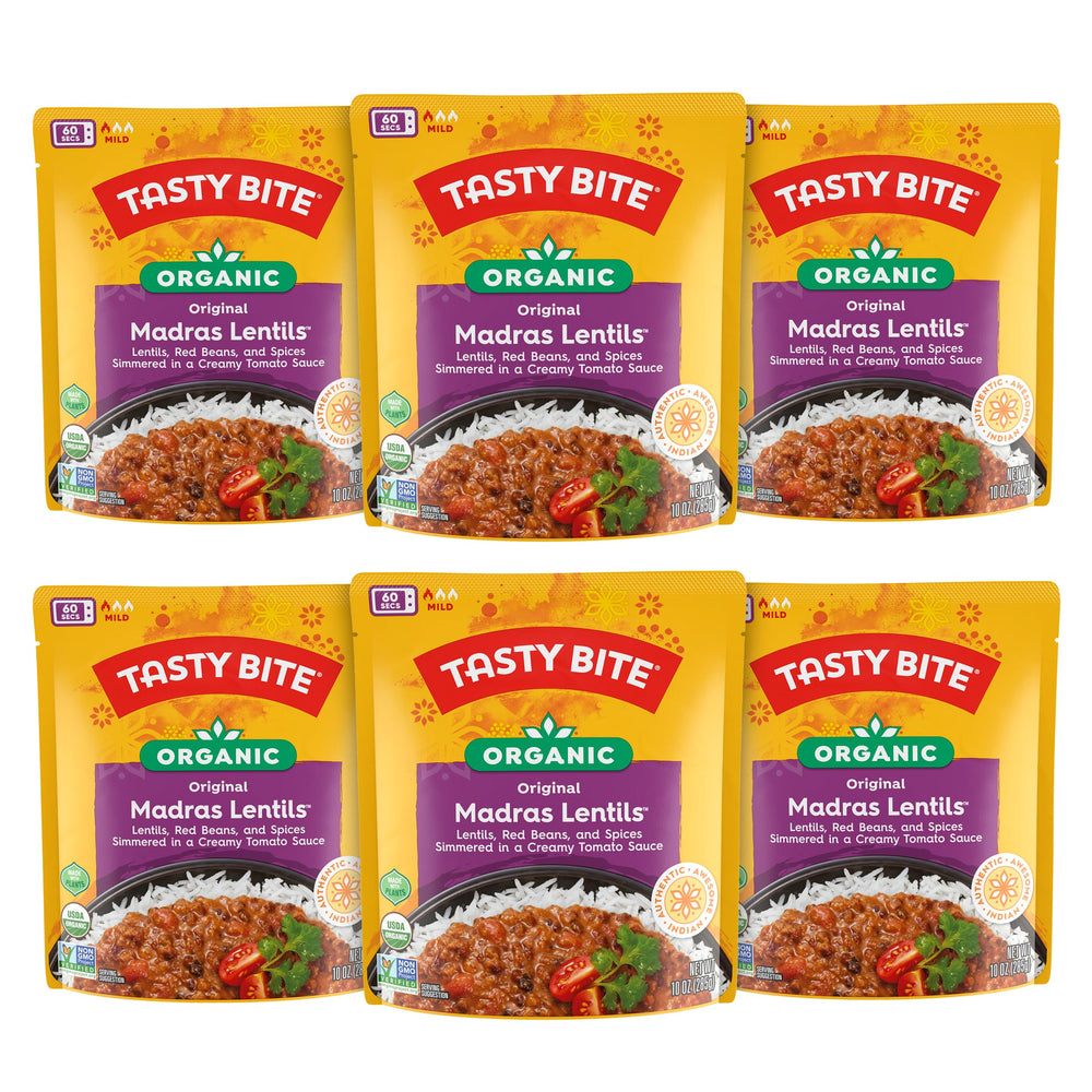 TASTY BITE front packaging showing organic Madras lentils and quick meal benefit