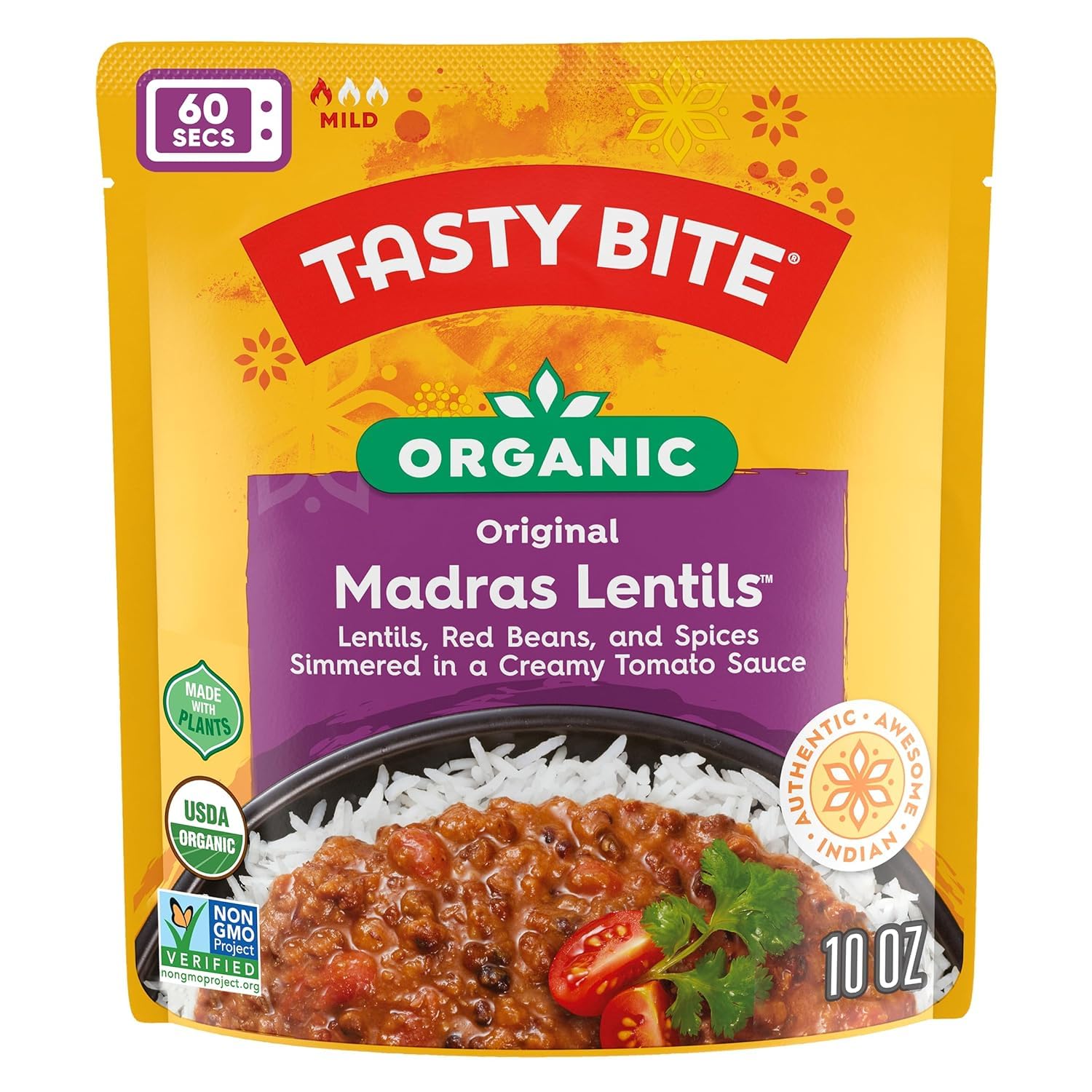 TASTY BITE served over basmati rice showing hearty serving suggestion and convenience