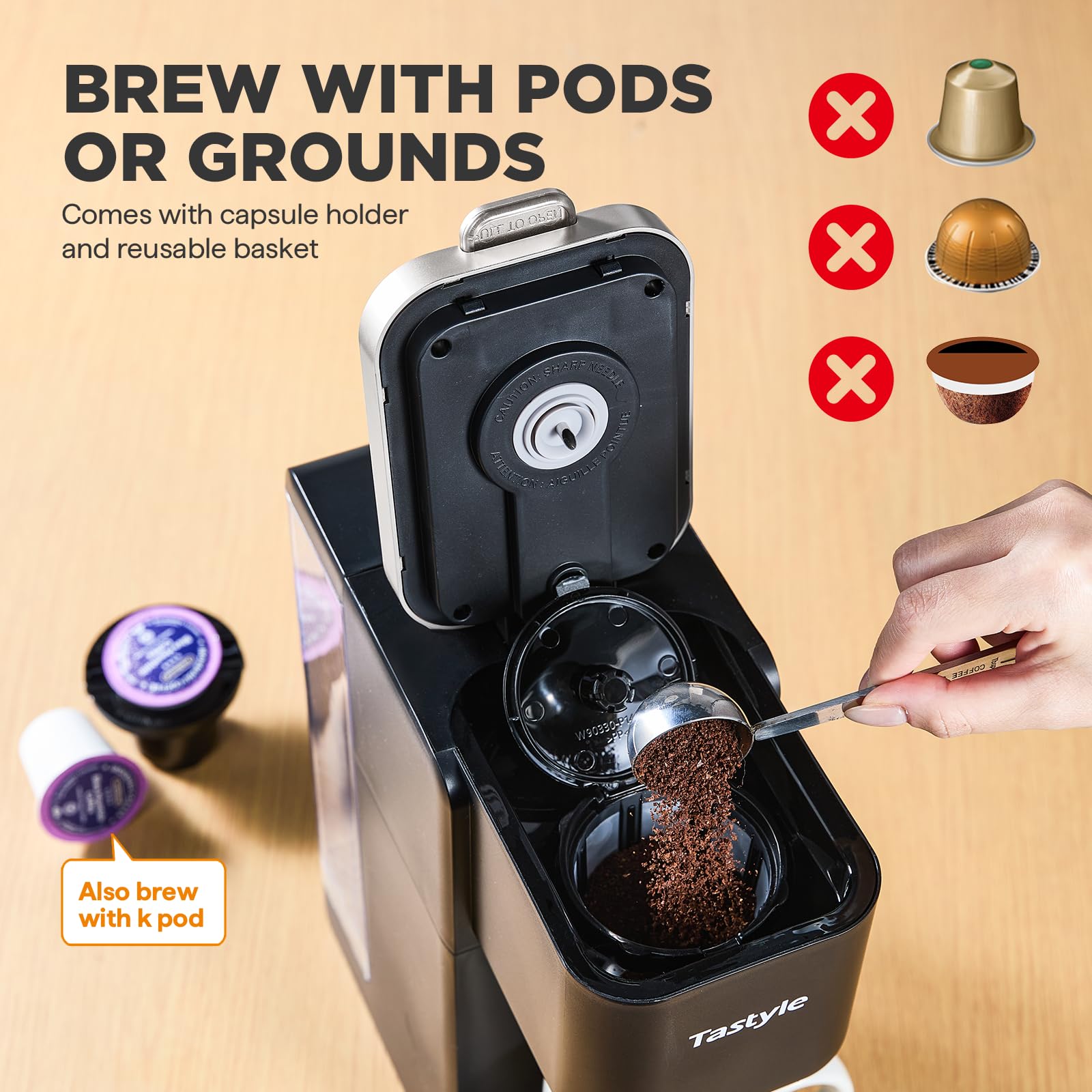 Tastyle capsule holder close-up demonstrating simple pod insertion and secure fit