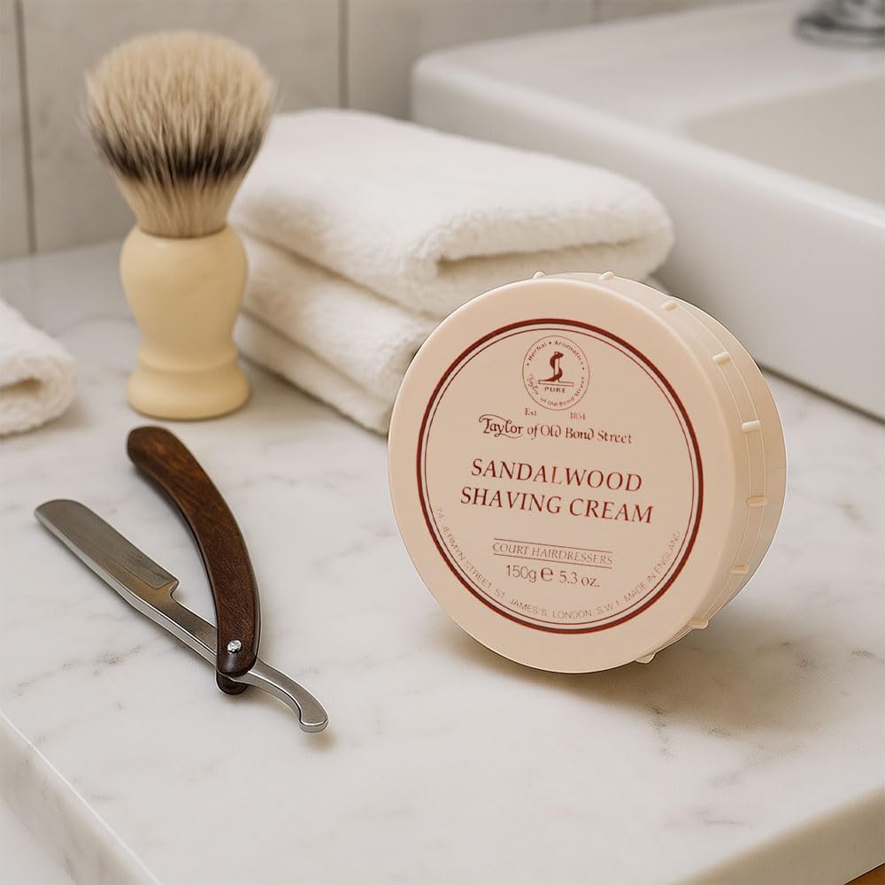 Taylor of Old Bond Street bowl beside a razor to show 150 g size scale