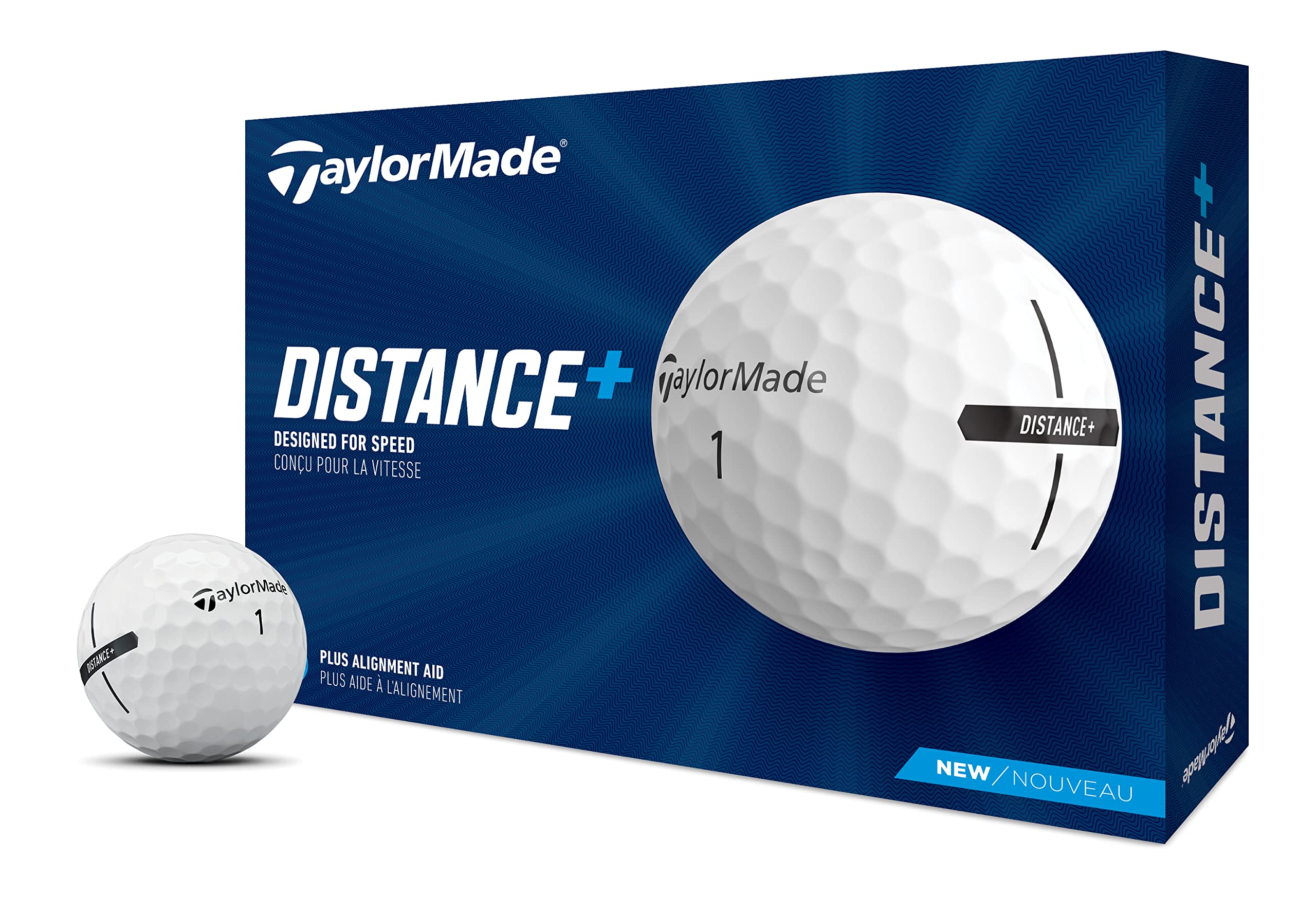 TaylorMade Distance+ front packaging showing 12-count and branding benefits