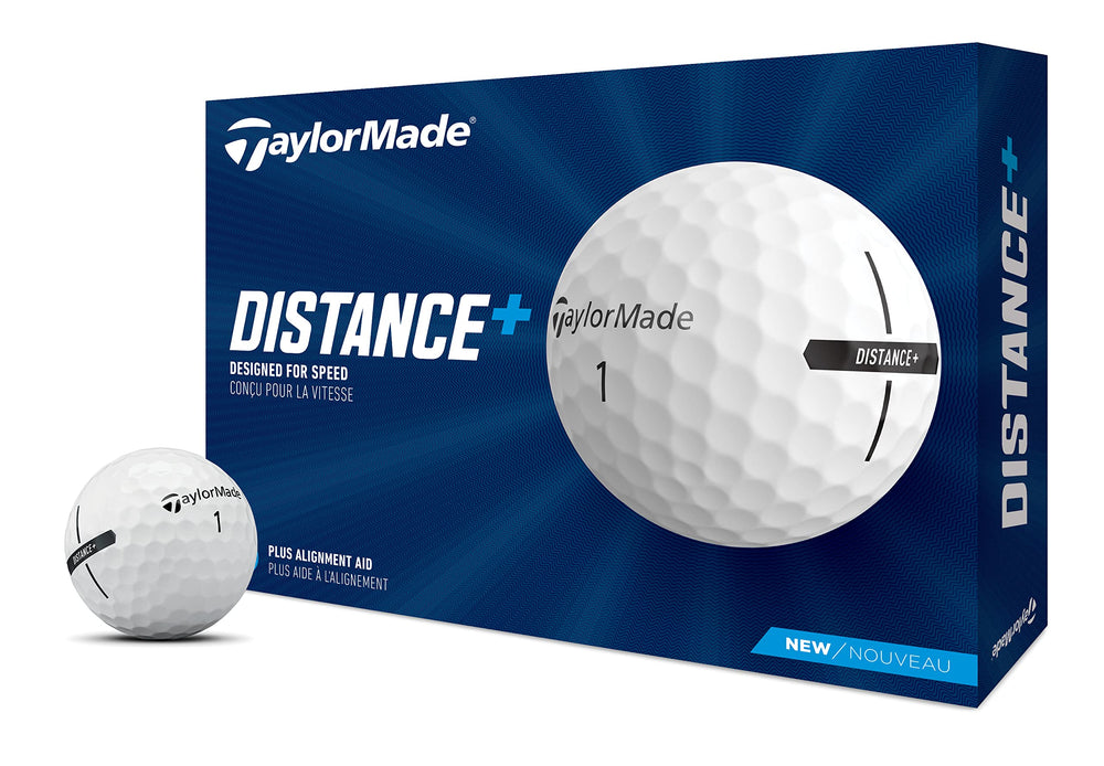 TaylorMade Distance+ front packaging showing 12-count and branding benefits