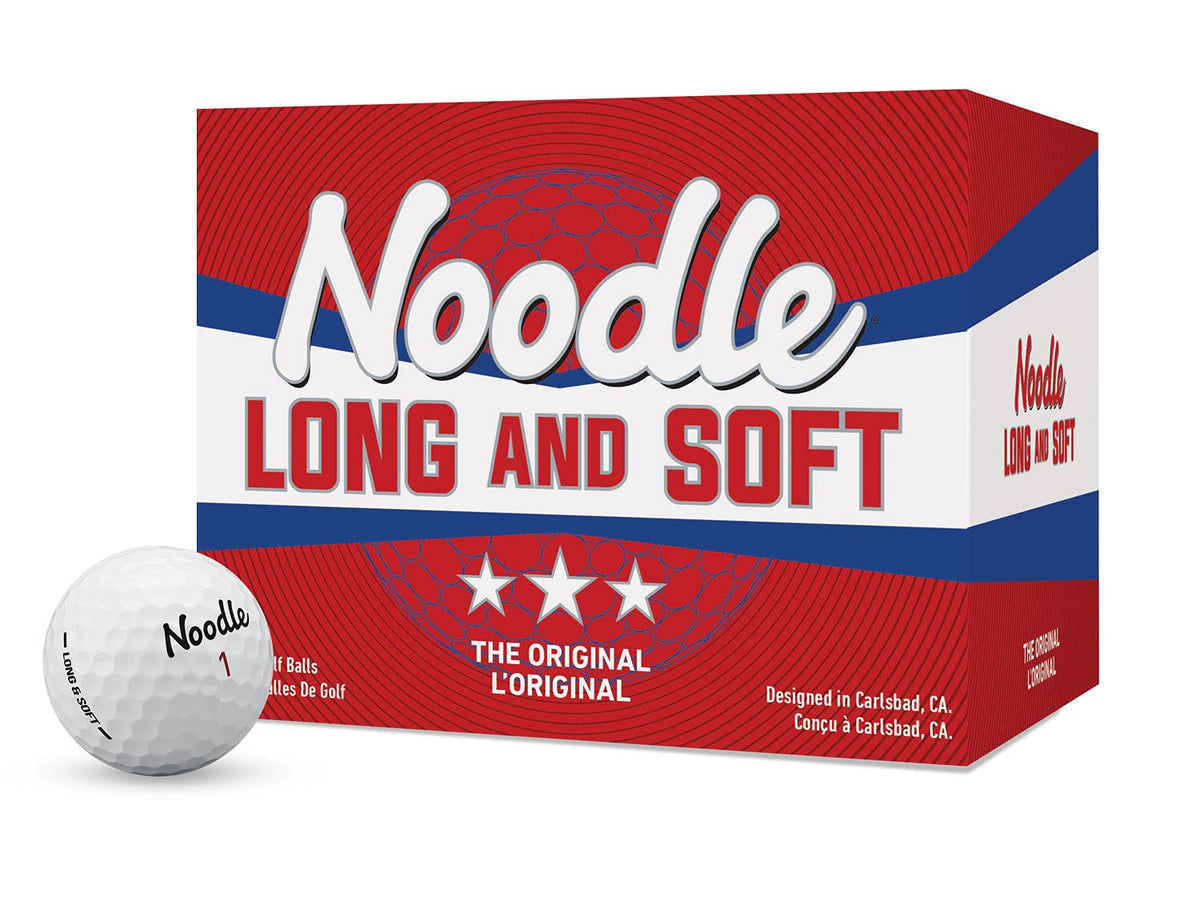 TaylorMade Noodle Long & Soft front packaging showing 15 white balls for easy selection and value