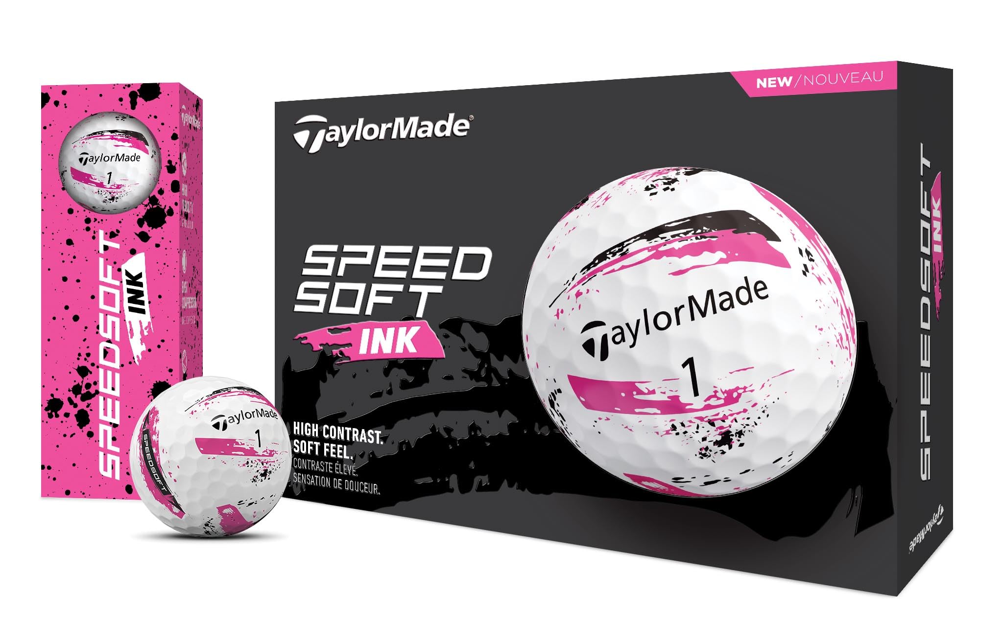 TaylorMade SPEEDSOFT Ink Pink dozen laid out to show packaging quantity and variety