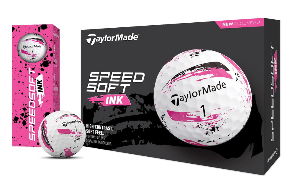 TaylorMade SPEEDSOFT Ink Pink dozen laid out to show packaging quantity and variety
