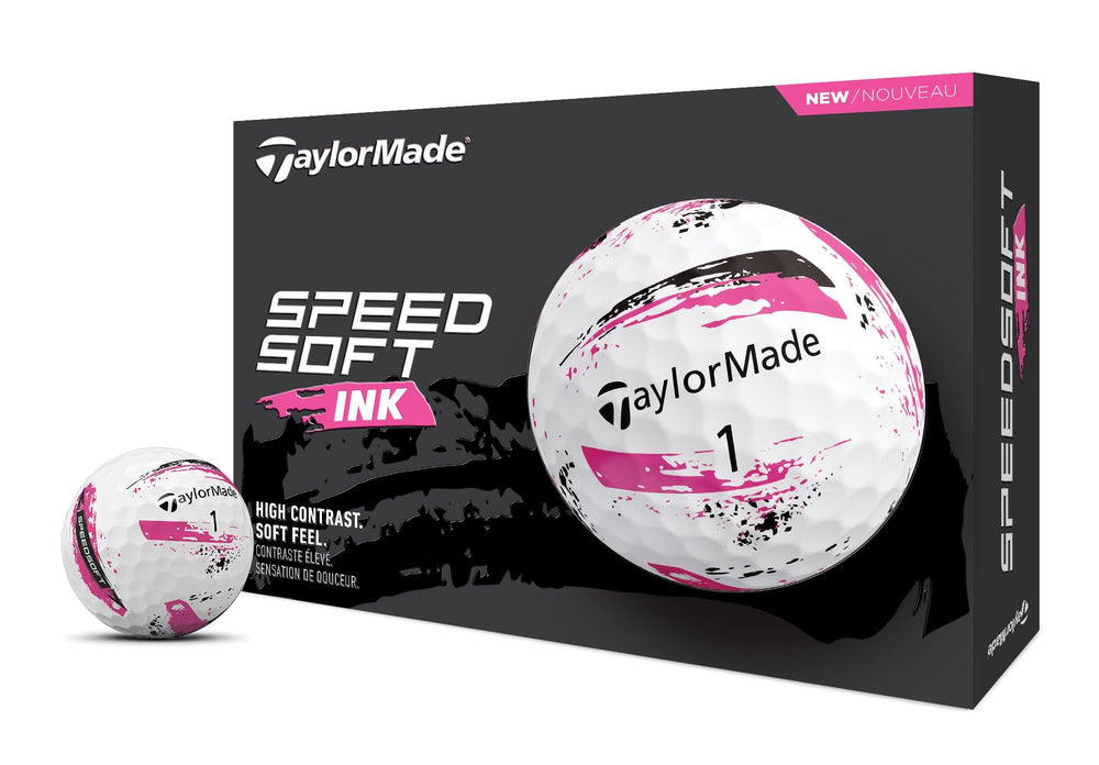 TaylorMade SPEEDSOFT Ink Pink front packaging showing bright paint-splatter and brand
