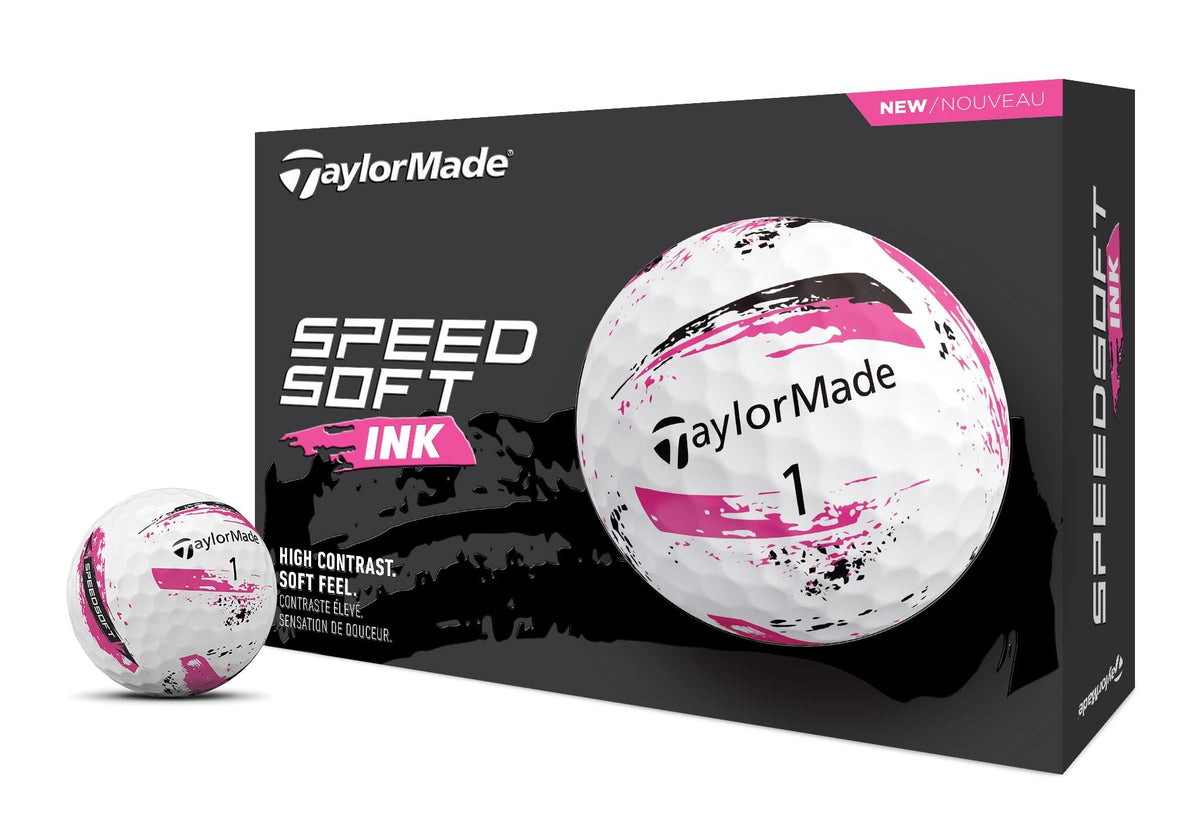 TaylorMade SPEEDSOFT Ink Pink front packaging showing bright paint-splatter and brand