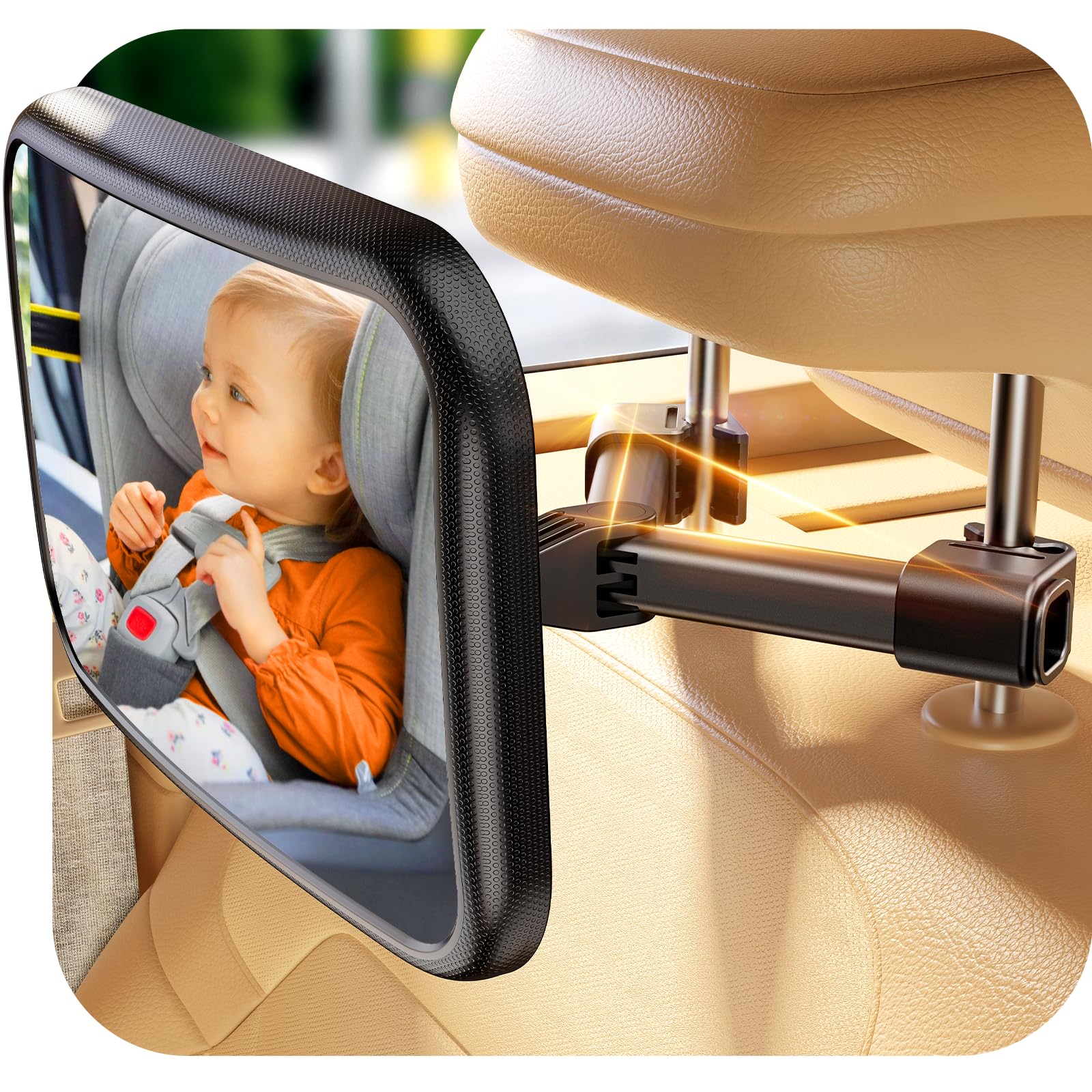 TAZENI front view of mirror mounted showing wide baby view and steady hold