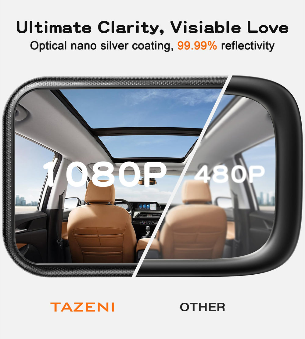 TAZENI lifestyle shot of parent driving with clear baby view for reassurance