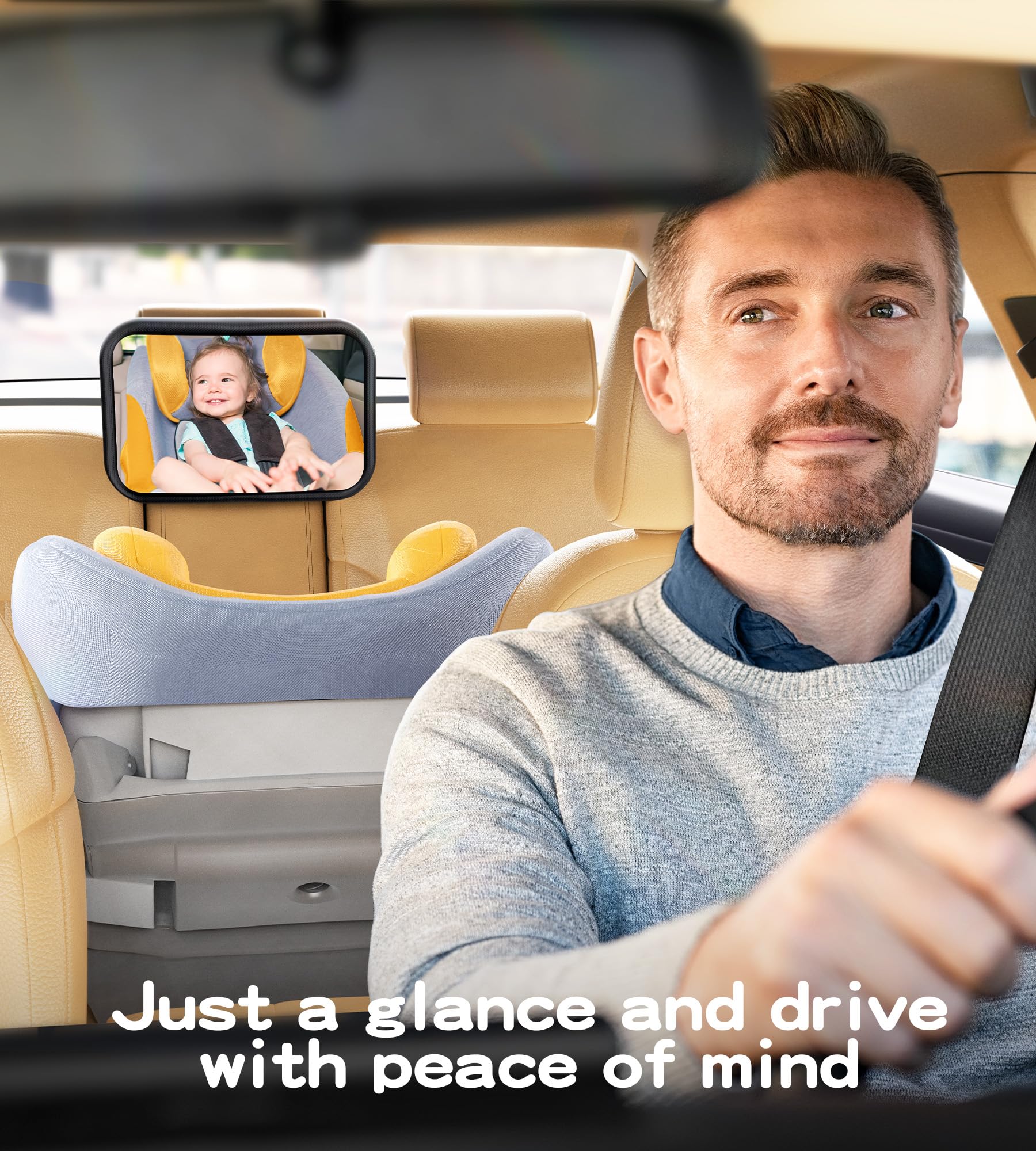 TAZENI mirror beside car seat for scale showing XL coverage