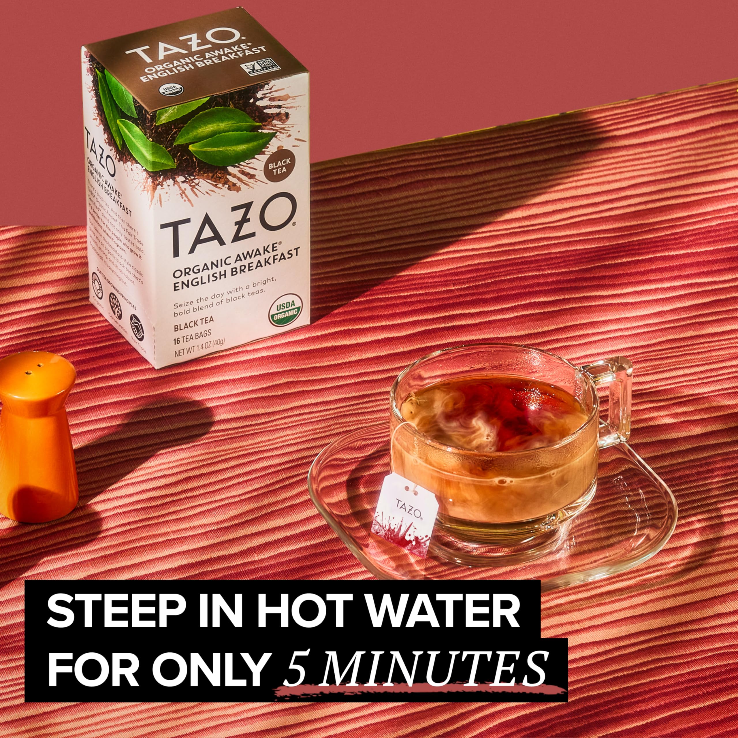 TAZO Awake stacked boxes for scale emphasizing six 16-count boxes and long supply