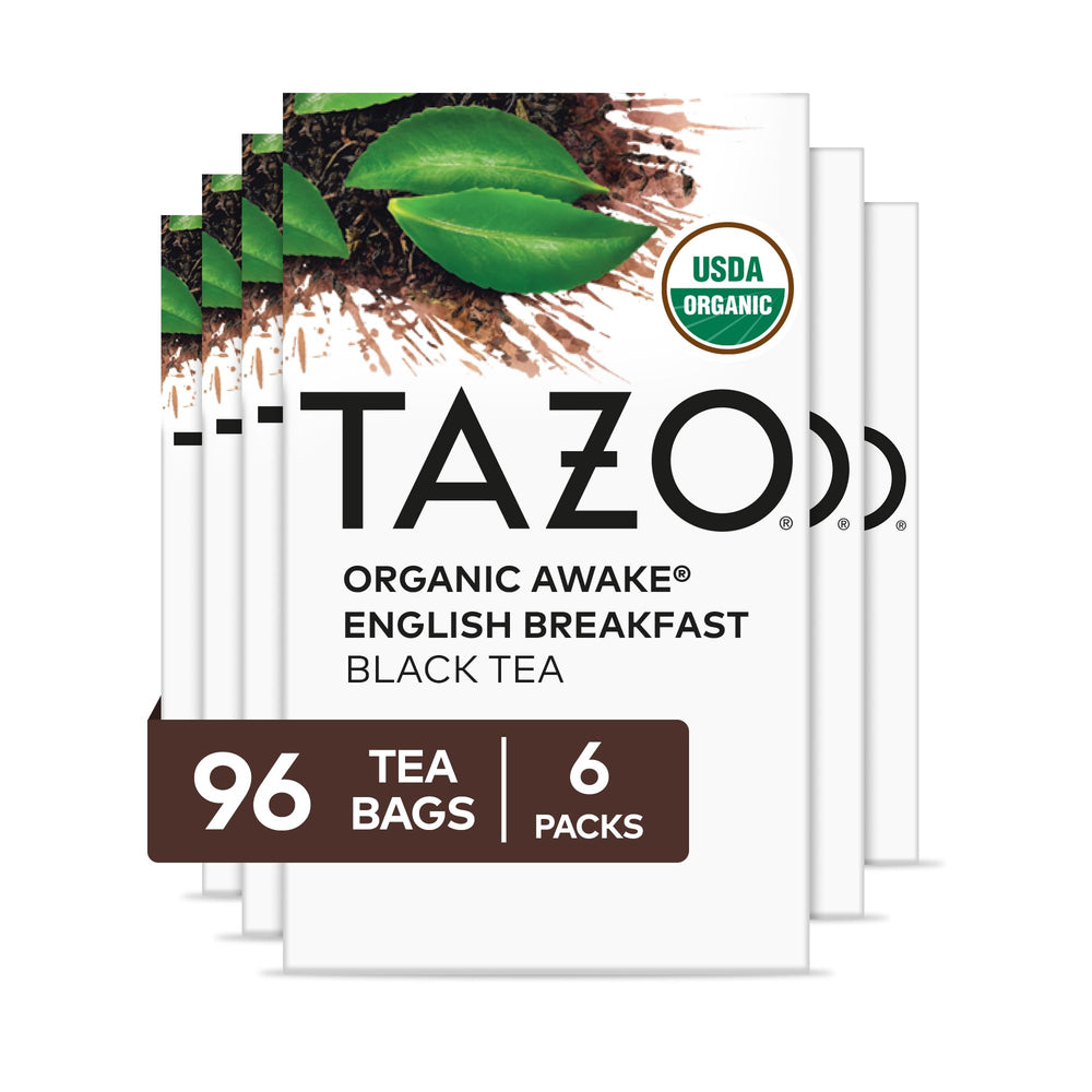 TAZO Awake front packaging showing organic black tea and 96 bags benefit of value