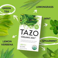 TAZO Zen brewed cup hot steam rising showcasing calming green tea enjoyment