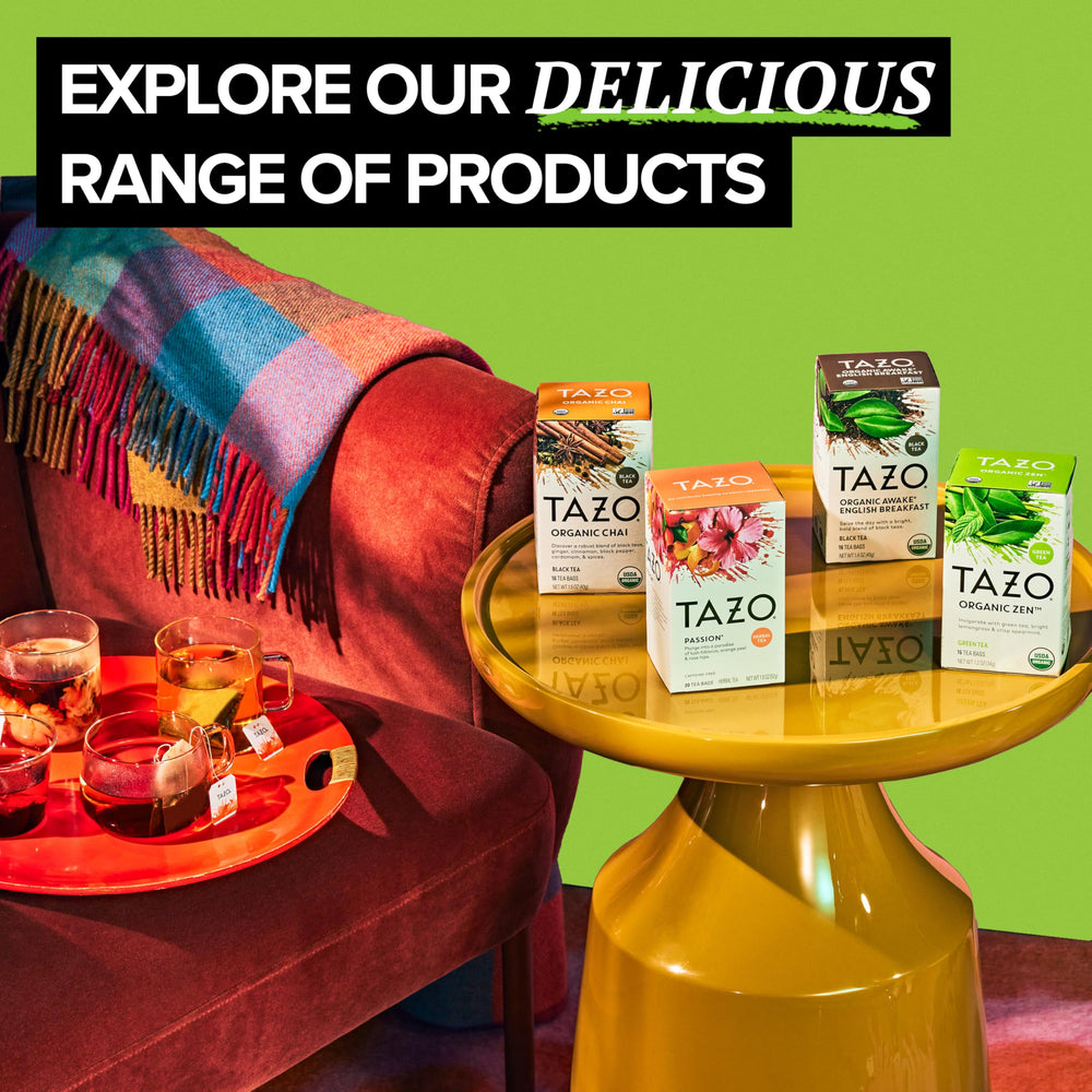 TAZO Zen box certifications label displaying USDA Organic and Rainforest Alliance trustmarks