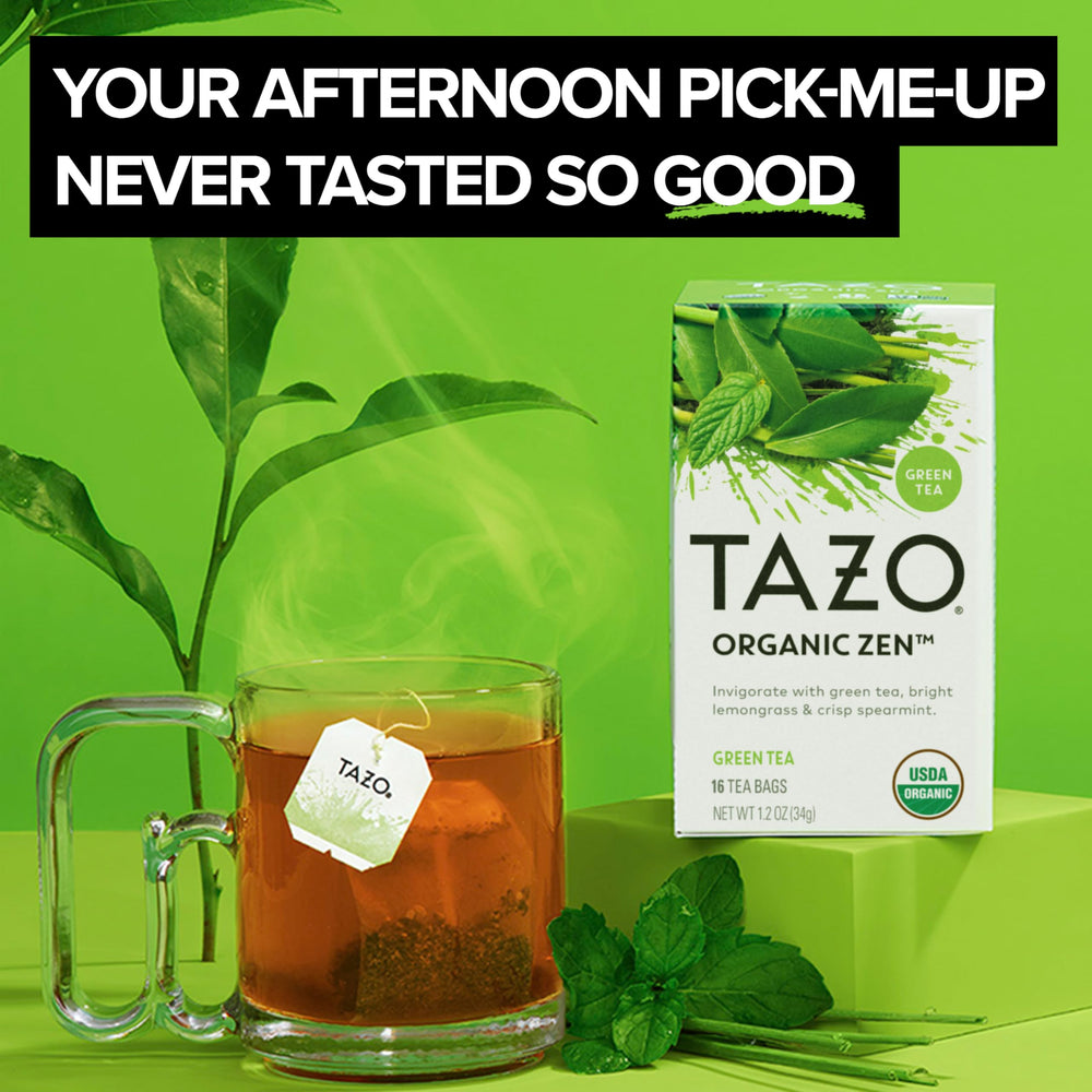 TAZO Zen tea bag close-up revealing blend texture and easy steeping for fresh flavor