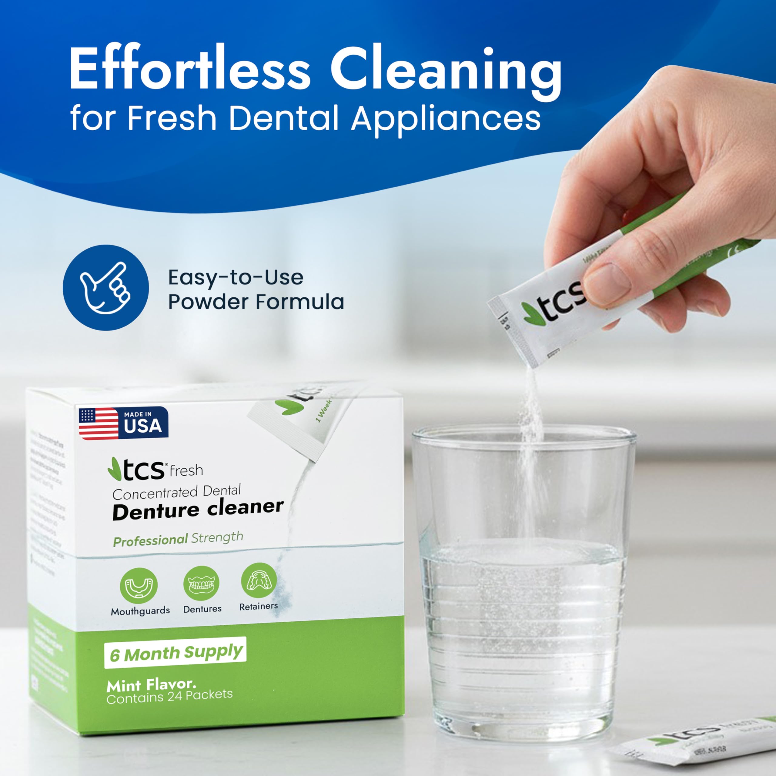 TCS packet held in hand showing compact size and six-month supply benefit