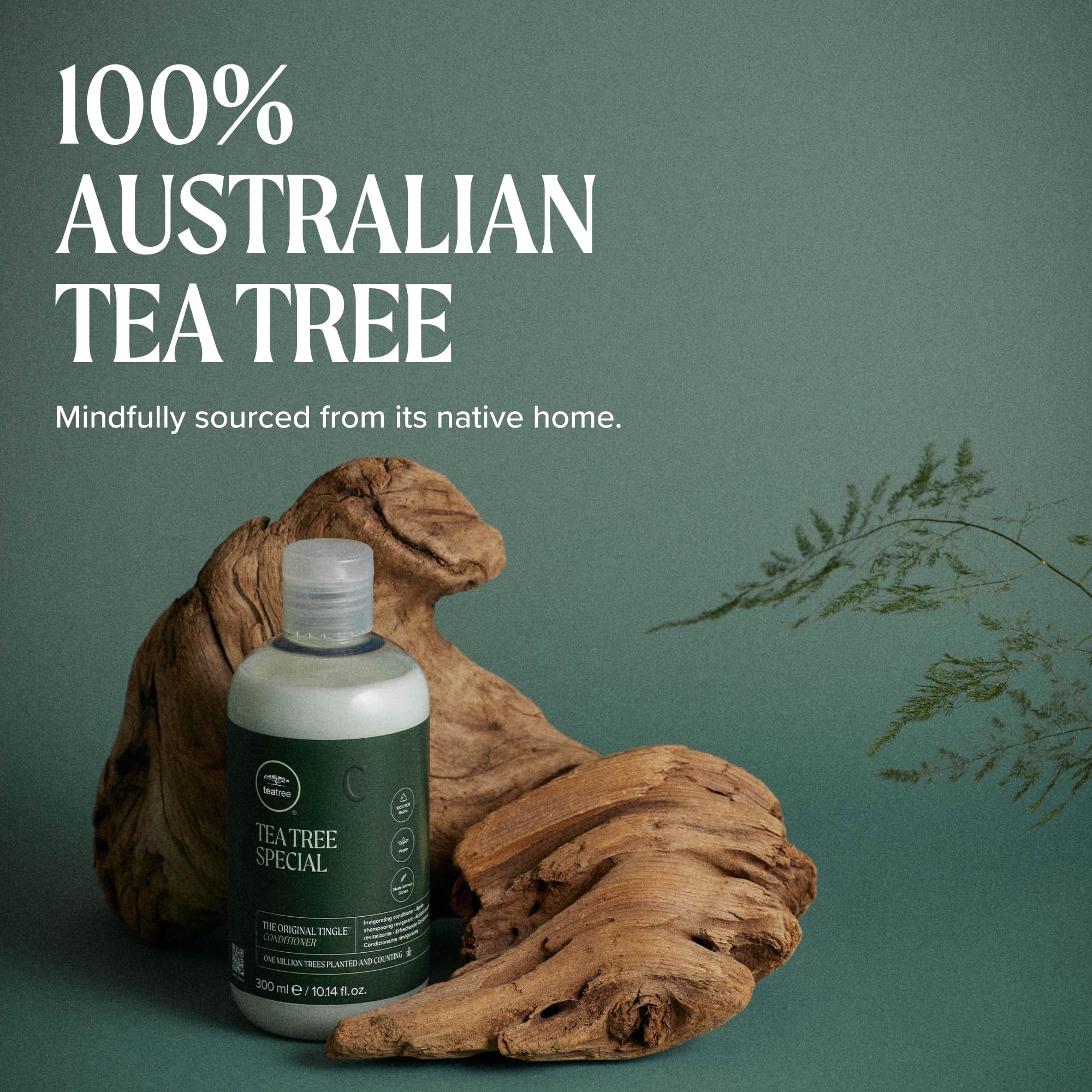 Tea Tree aluminum bottle with refill pouch highlighting reusable benefit