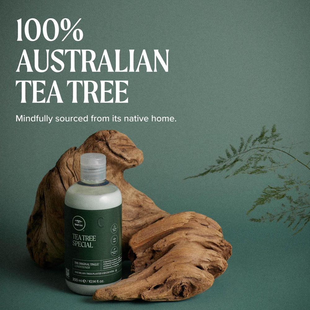 Tea Tree aluminum bottle with refill pouch highlighting reusable benefit