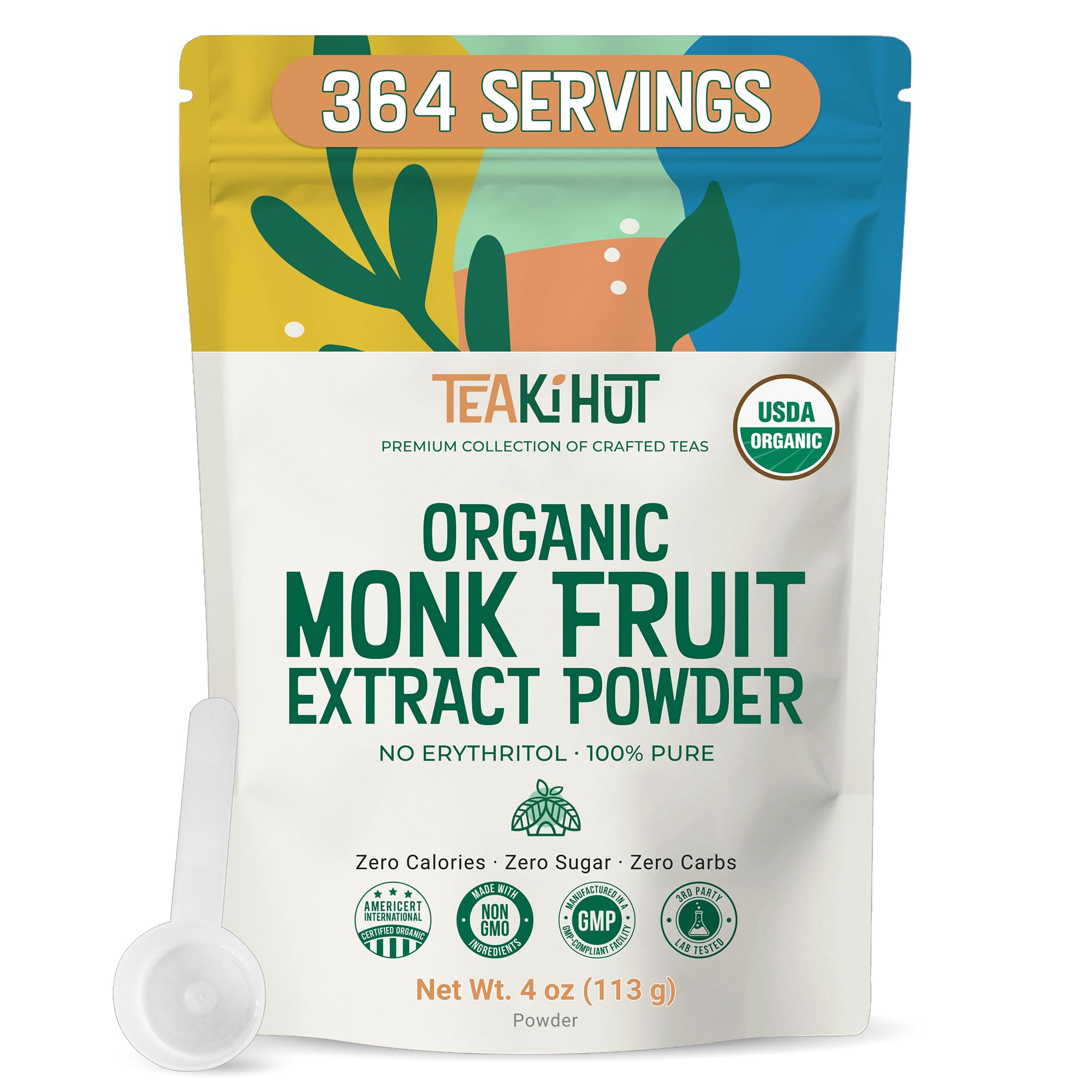 TEAki Hut front packaging showing 4 oz monk fruit powder and label benefit