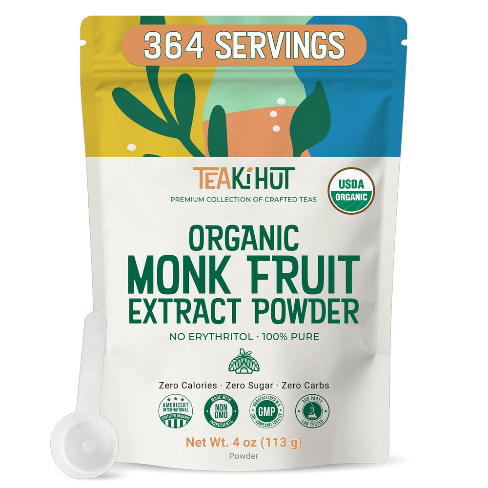 TEAki Hut front packaging showing 4 oz monk fruit powder and label benefit