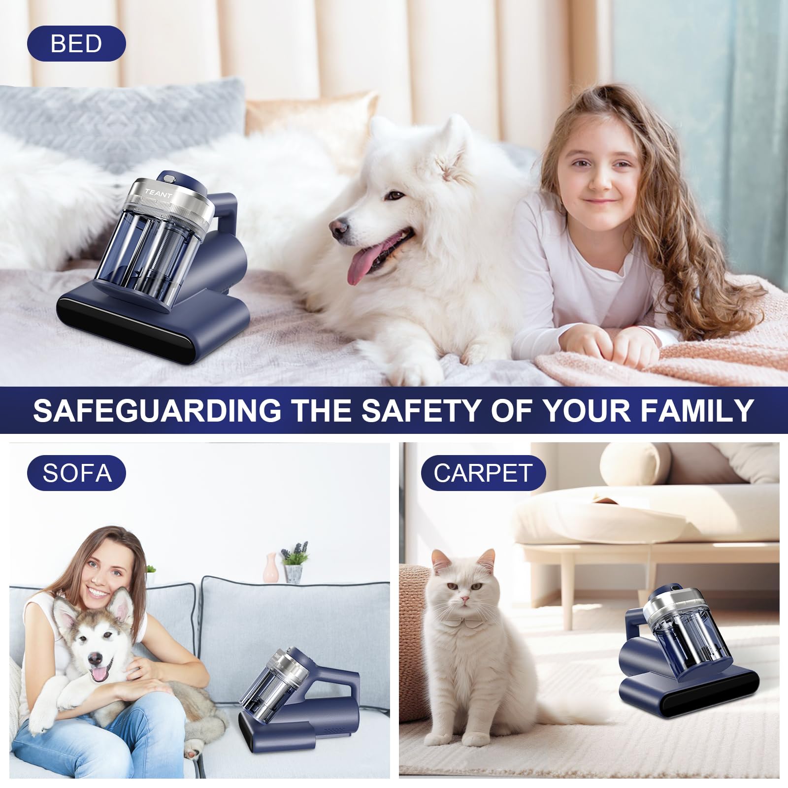 Teant MV-Blue size comparison beside sofa showing compact reach and easy handling