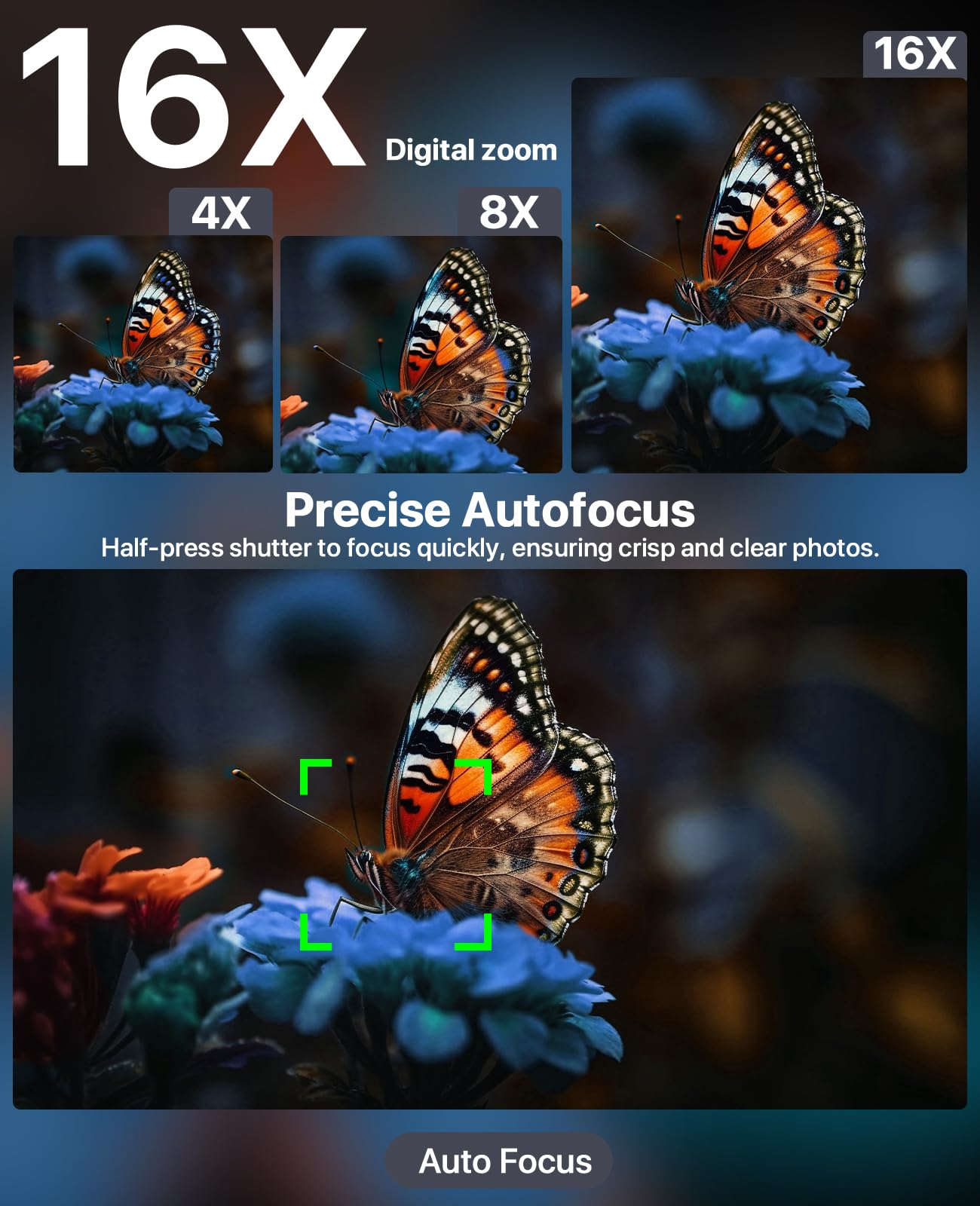 Tecglem camera zooming on a distant subject with 16X digital reach benefit