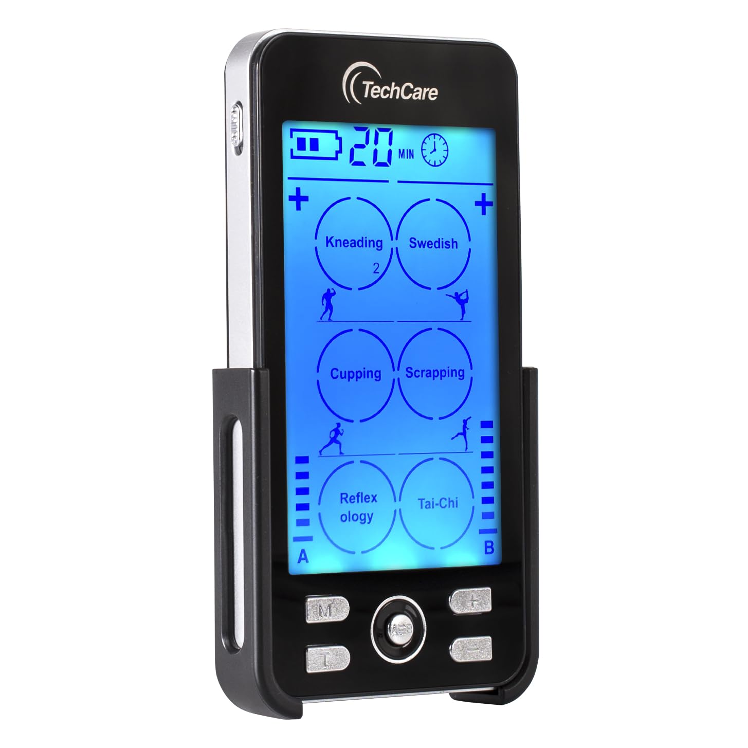 TechCare Massager back view highlighting battery compartment and clip benefit