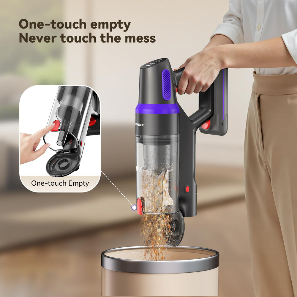TechRise self-standing vacuum stored in hallway for tidy, ready-to-use storage