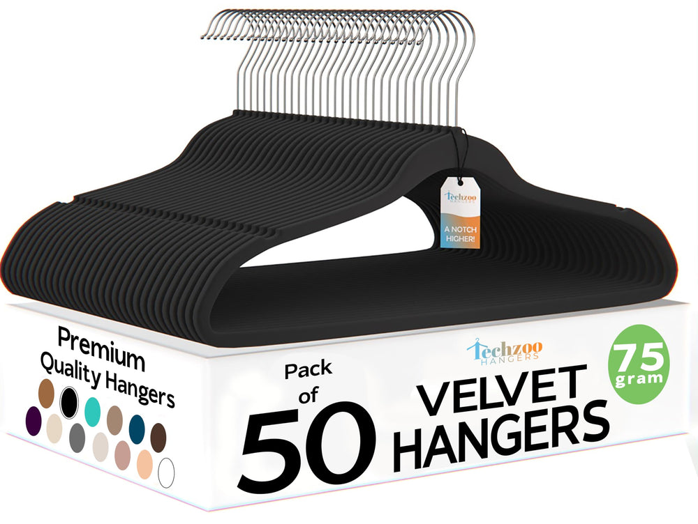 TechZoo front view of 50-pack hangers showing neat packaging and space saving