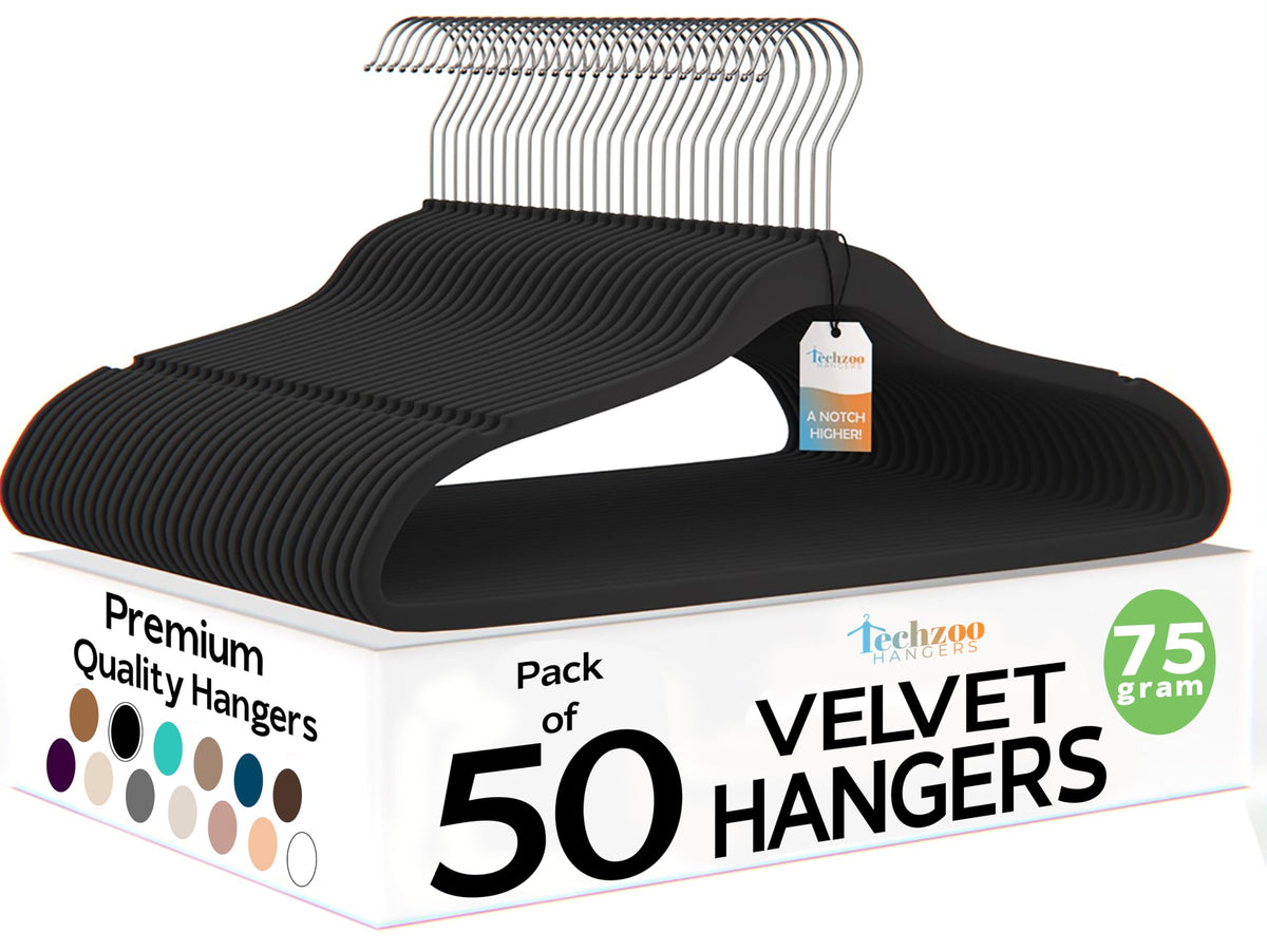TechZoo front view of 50-pack hangers showing neat packaging and space saving