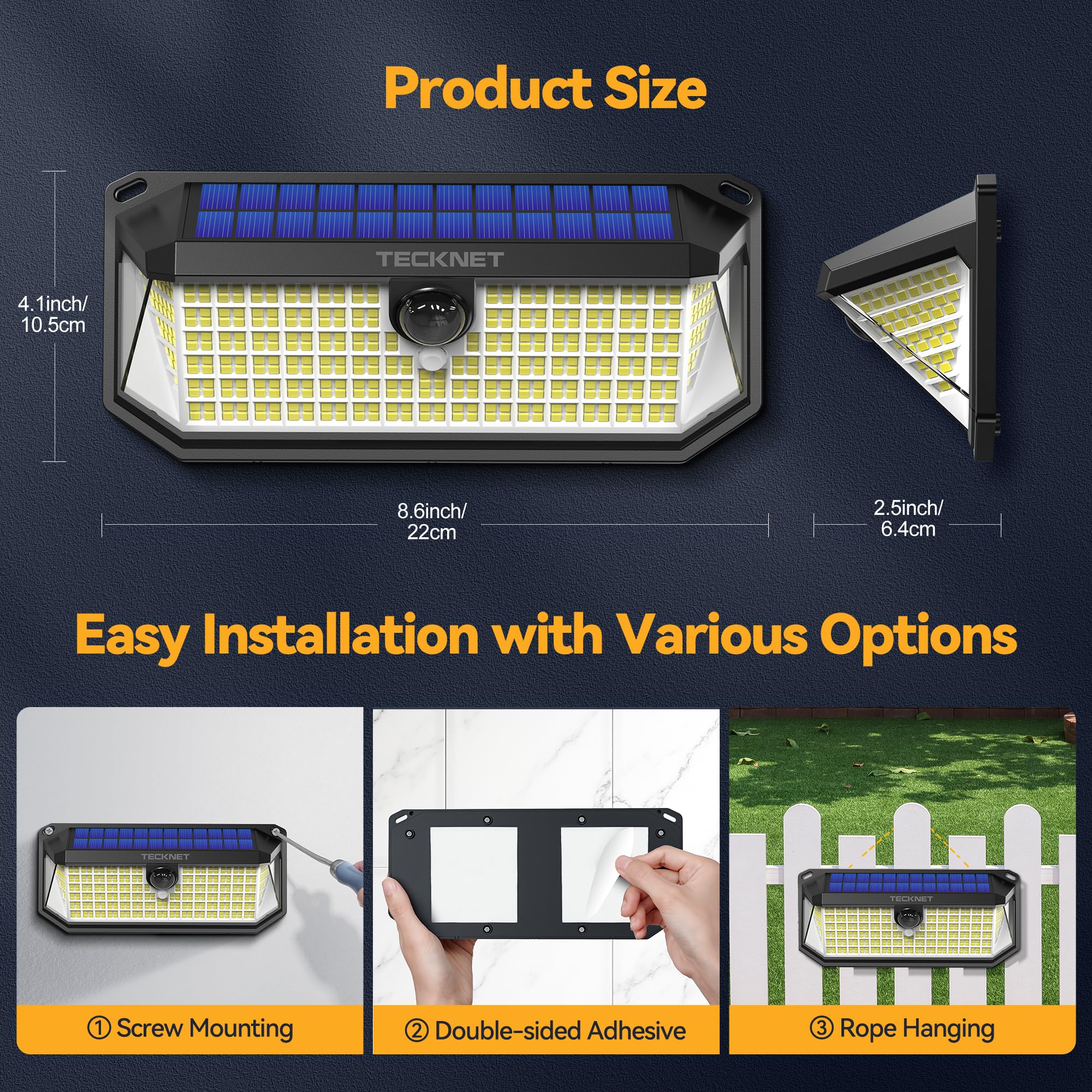 TECKNET size comparison with hand illustrating compact scale and easy installation